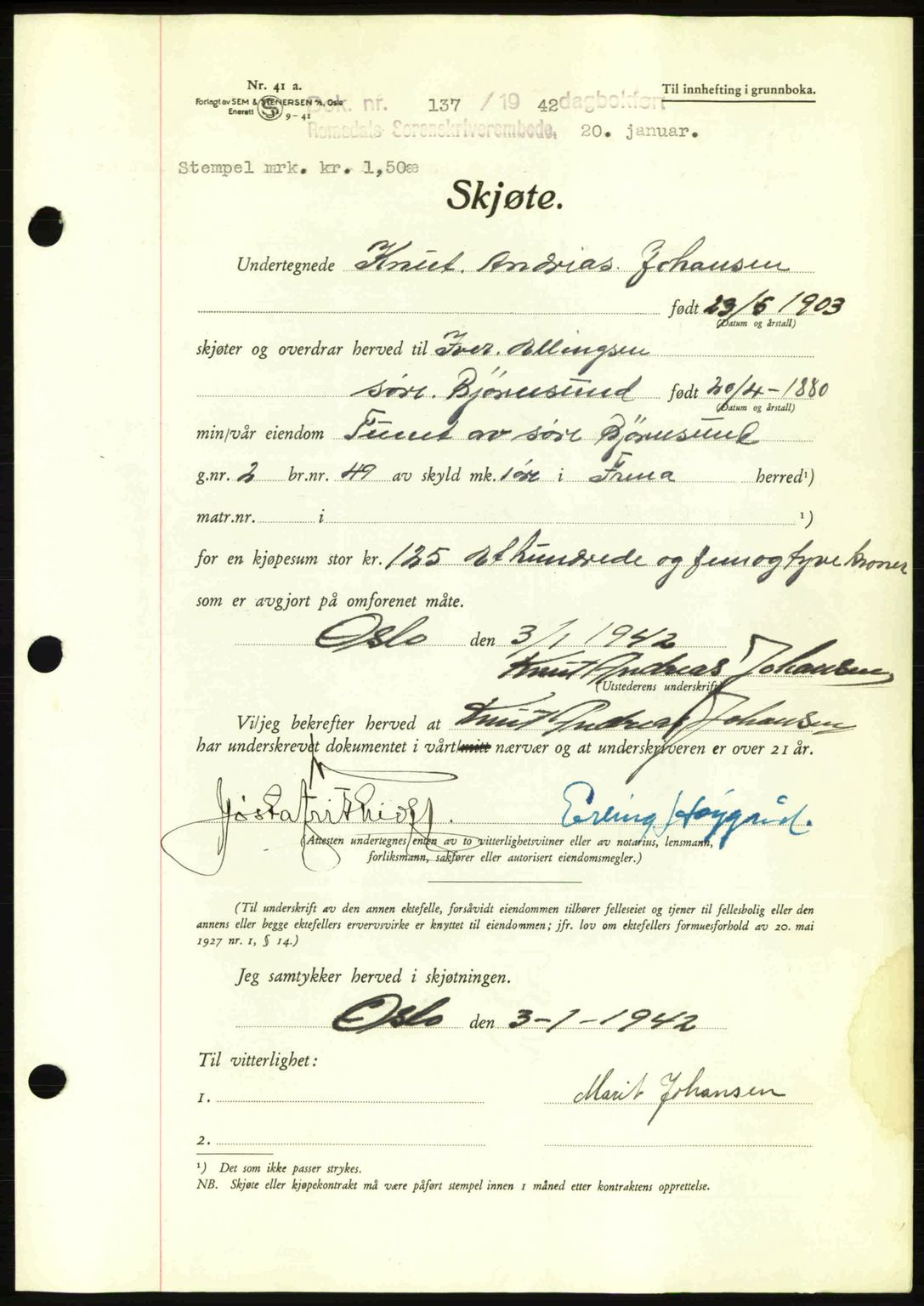 Romsdal sorenskriveri, AV/SAT-A-4149/1/2/2C: Pantebok nr. A11, 1941-1942, Dagboknr: 137/1942
