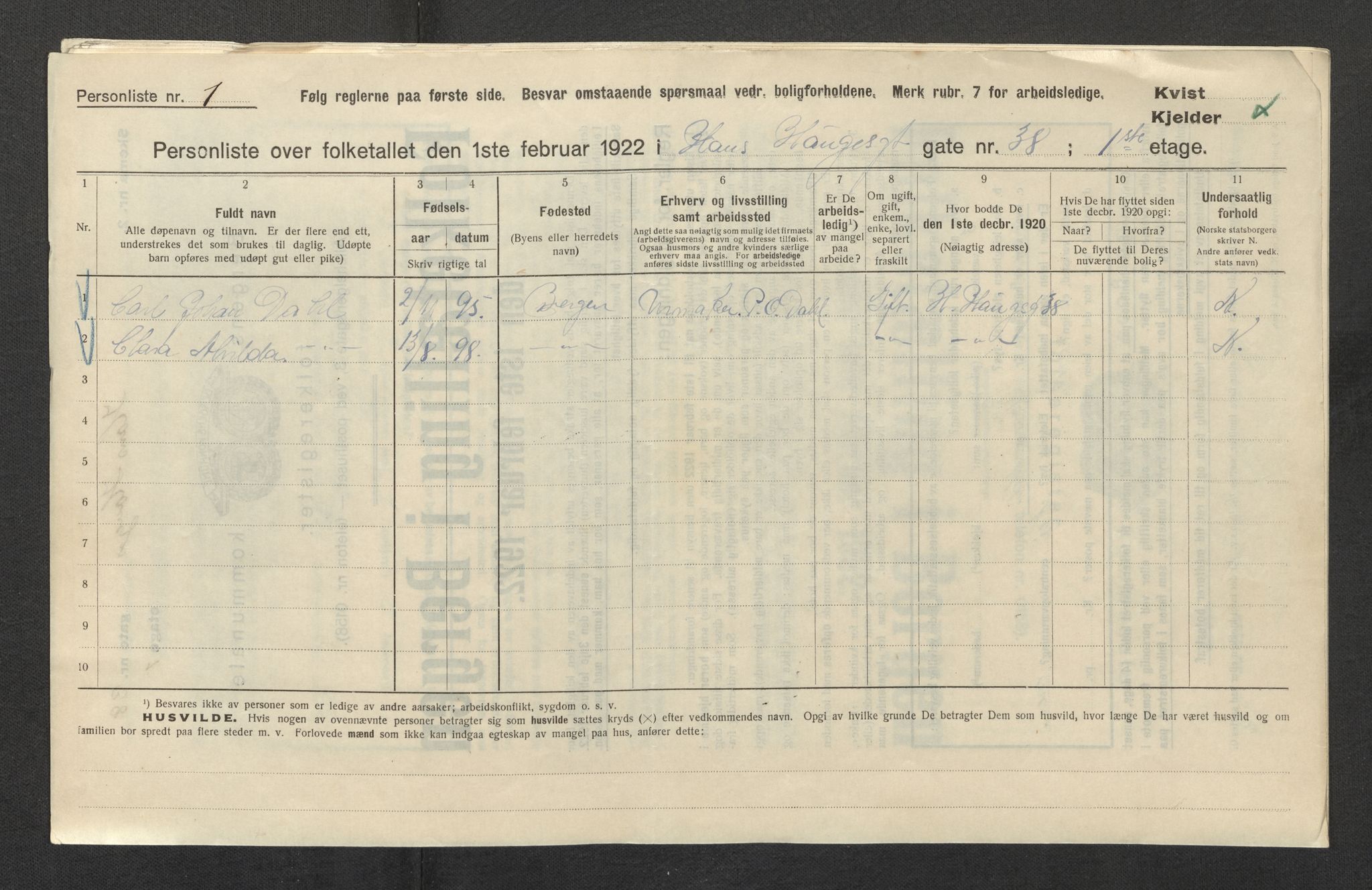 SAB, Kommunal folketelling 1922 for Bergen kjøpstad, 1922, s. 12637