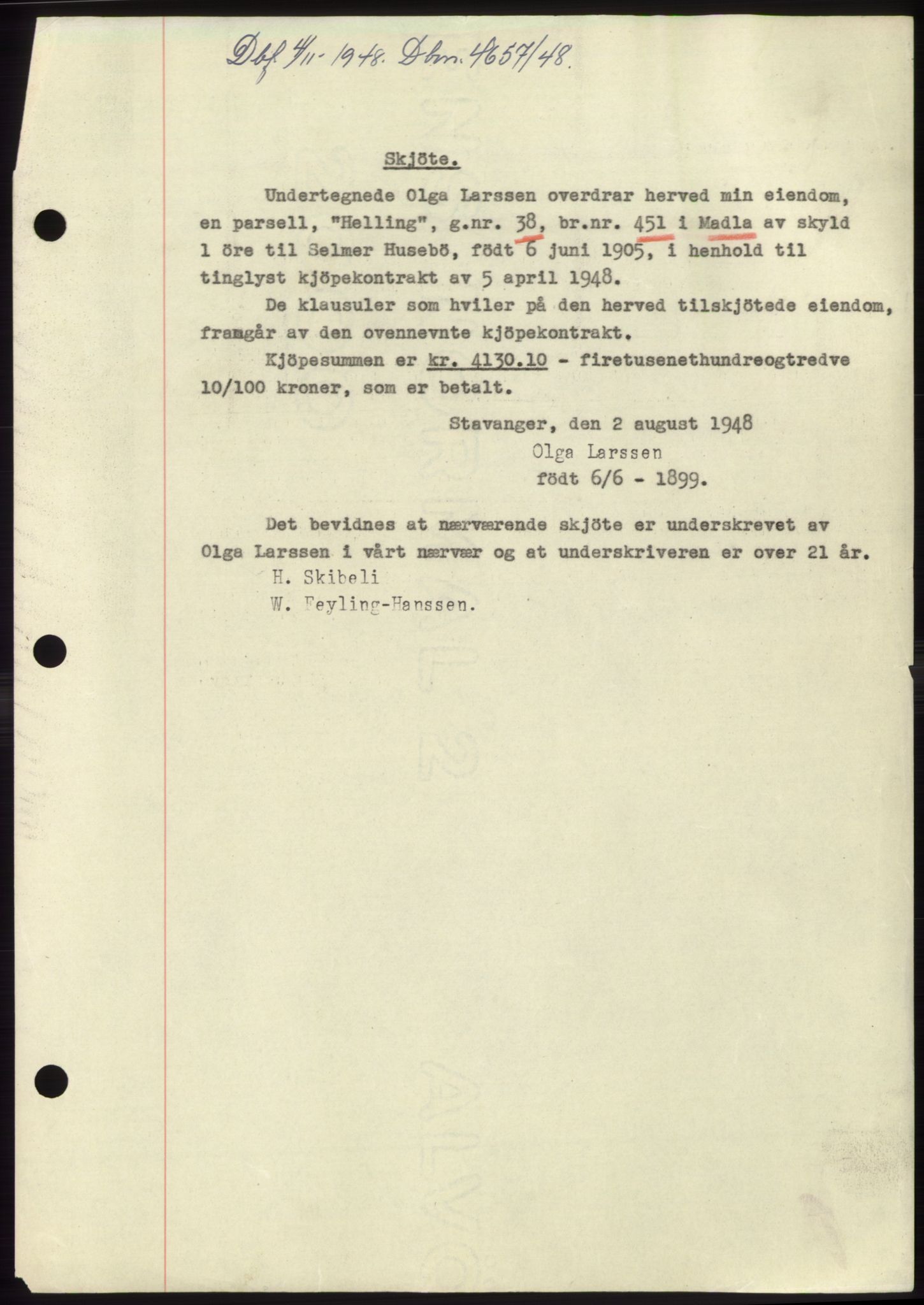 Jæren sorenskriveri, SAST/A-100310/03/G/Gba/L0100: Pantebok, 1948-1948, Dagboknr: 4657/1948