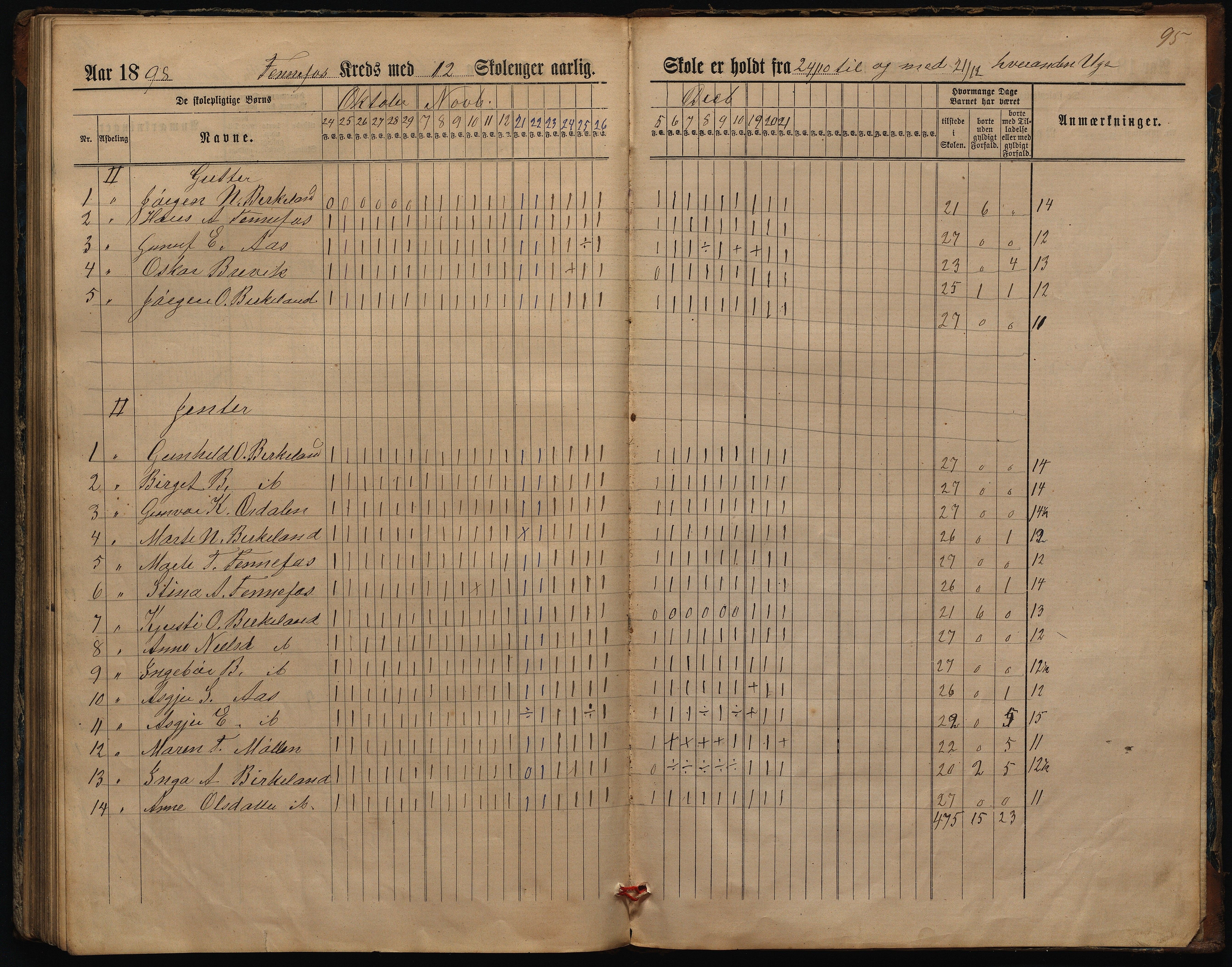 Hornnes kommune, Kjetså, Fennefoss skolekrets, AAKS/KA0936-550c/F1/L0002: Skoleprotokoll. Kjetså og Fennefoss, 1884-1896, s. 96