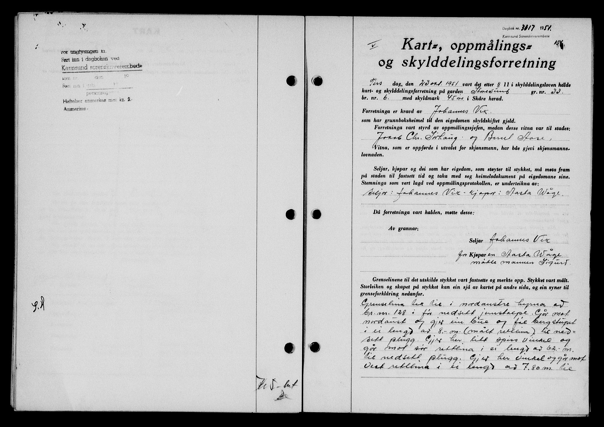 Karmsund sorenskriveri, SAST/A-100311/01/II/IIB/L0104: Pantebok nr. 84A, 1951-1952, Dagboknr: 3017/1951