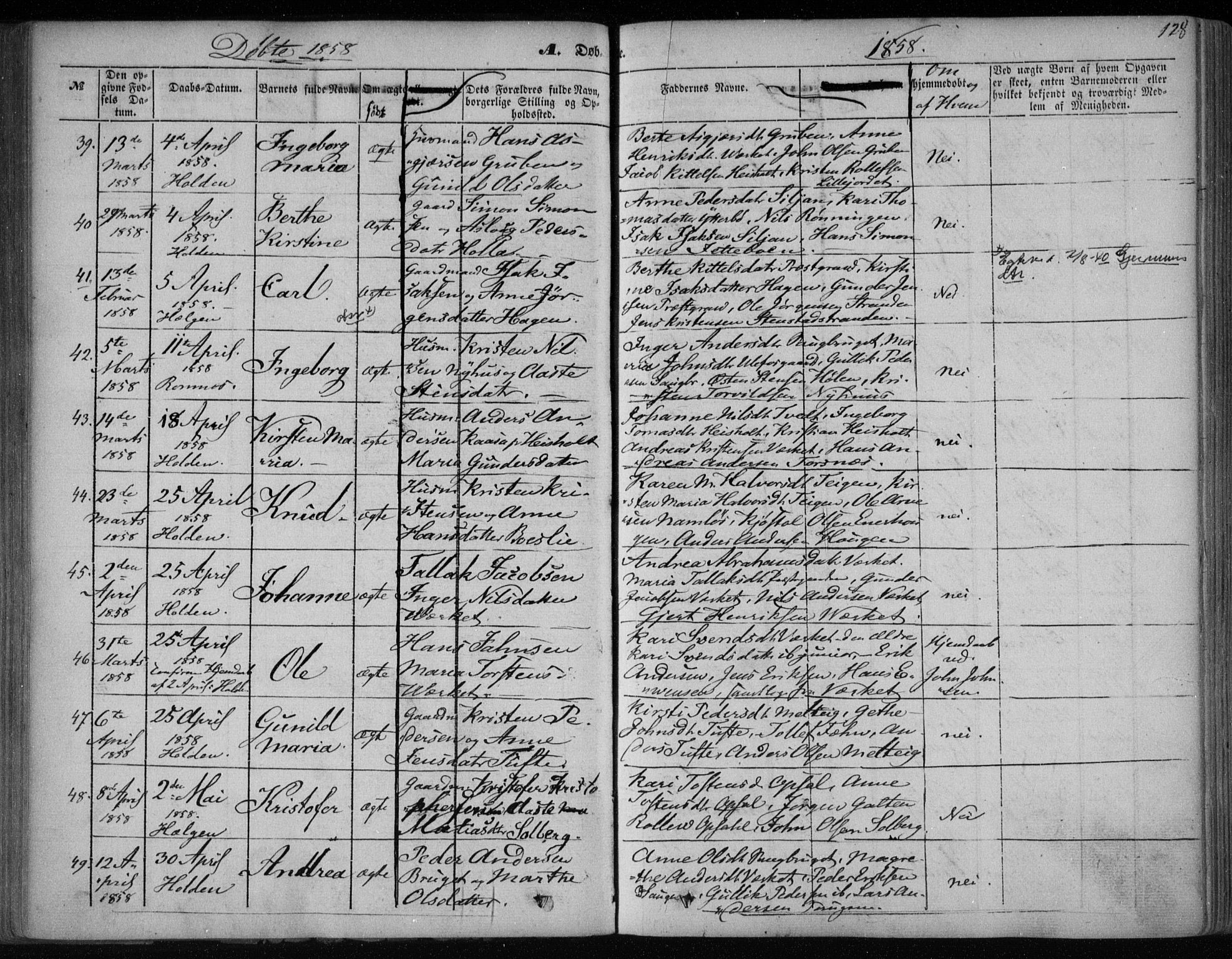 Holla kirkebøker, AV/SAKO-A-272/F/Fa/L0005: Ministerialbok nr. 5, 1849-1860, s. 128