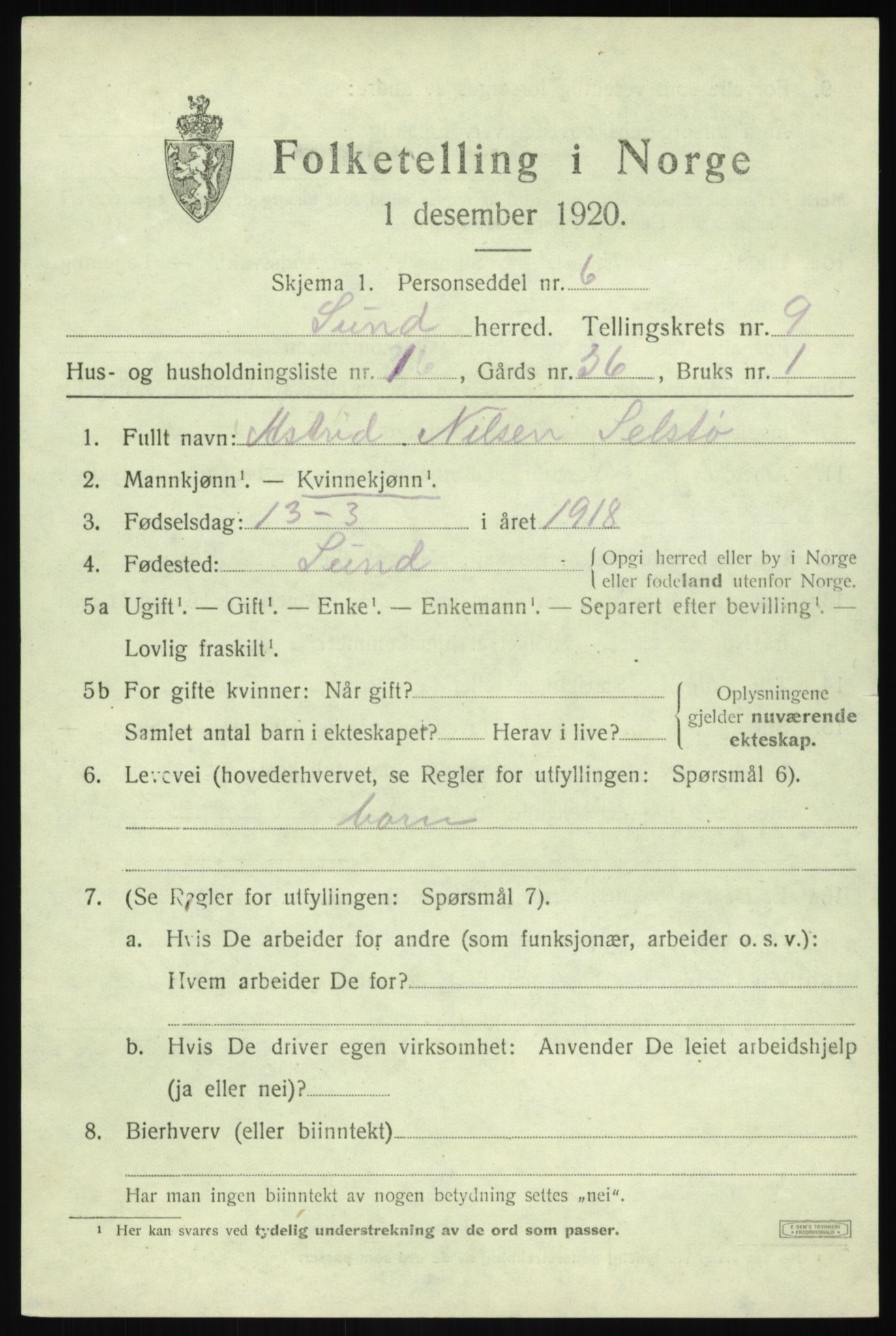 SAB, Folketelling 1920 for 1245 Sund herred, 1920, s. 5313