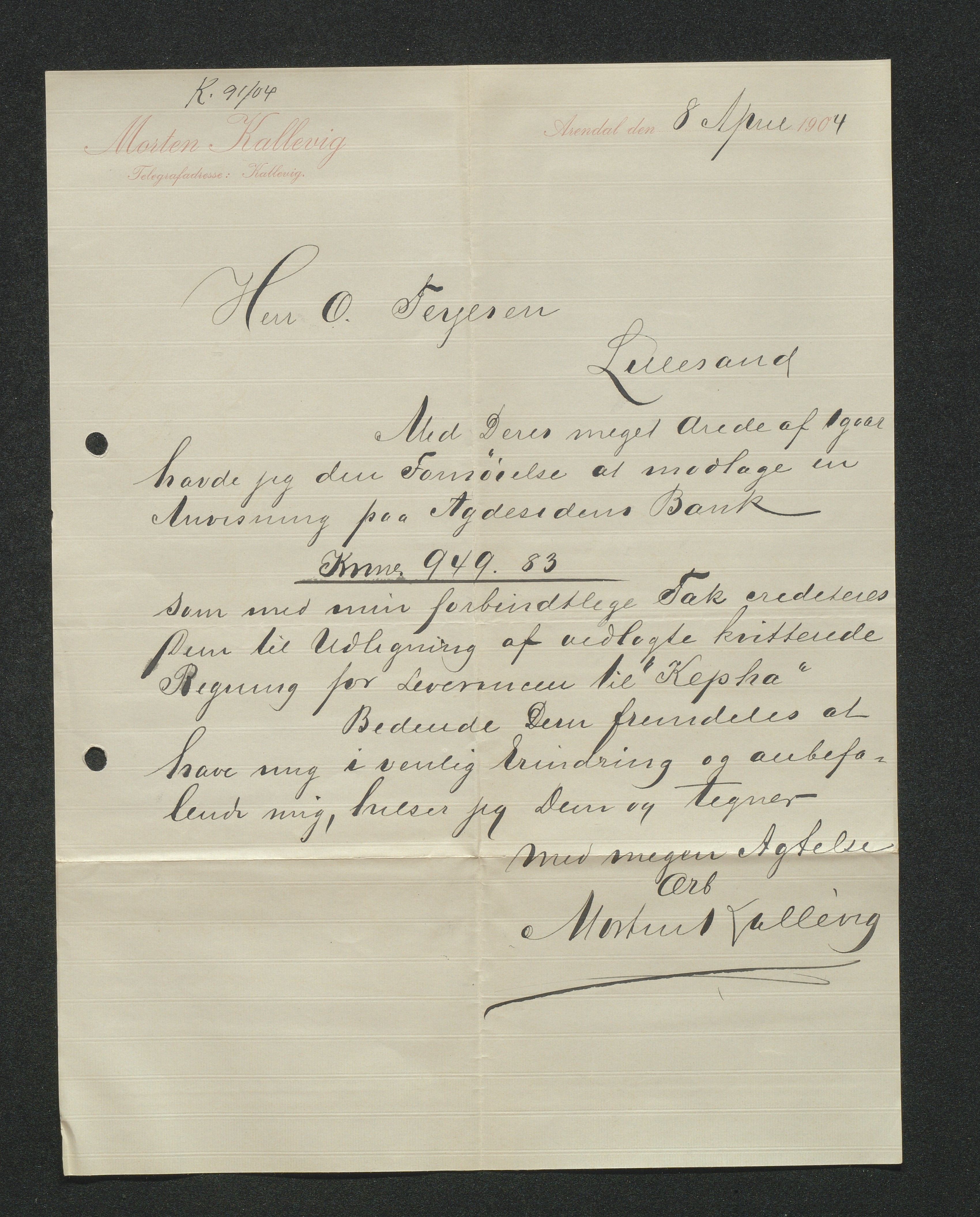 O. Terjesens rederi, AAKS/PA-2525/E/E01/L0013: Korrespondanse, 1904-1905