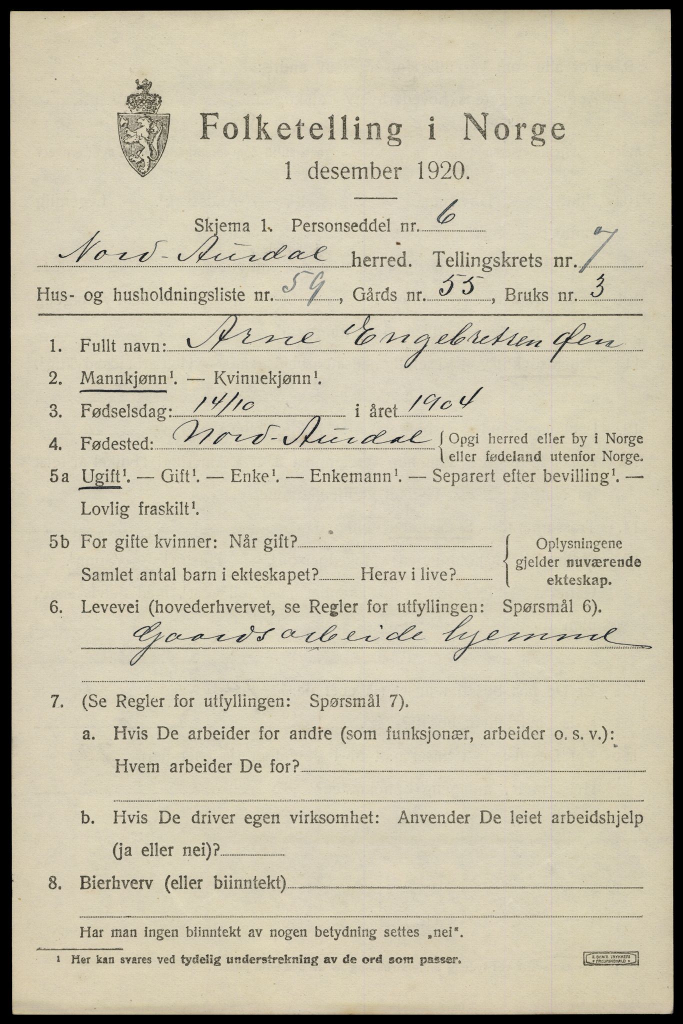 SAH, Folketelling 1920 for 0542 Nord-Aurdal herred, 1920, s. 6654