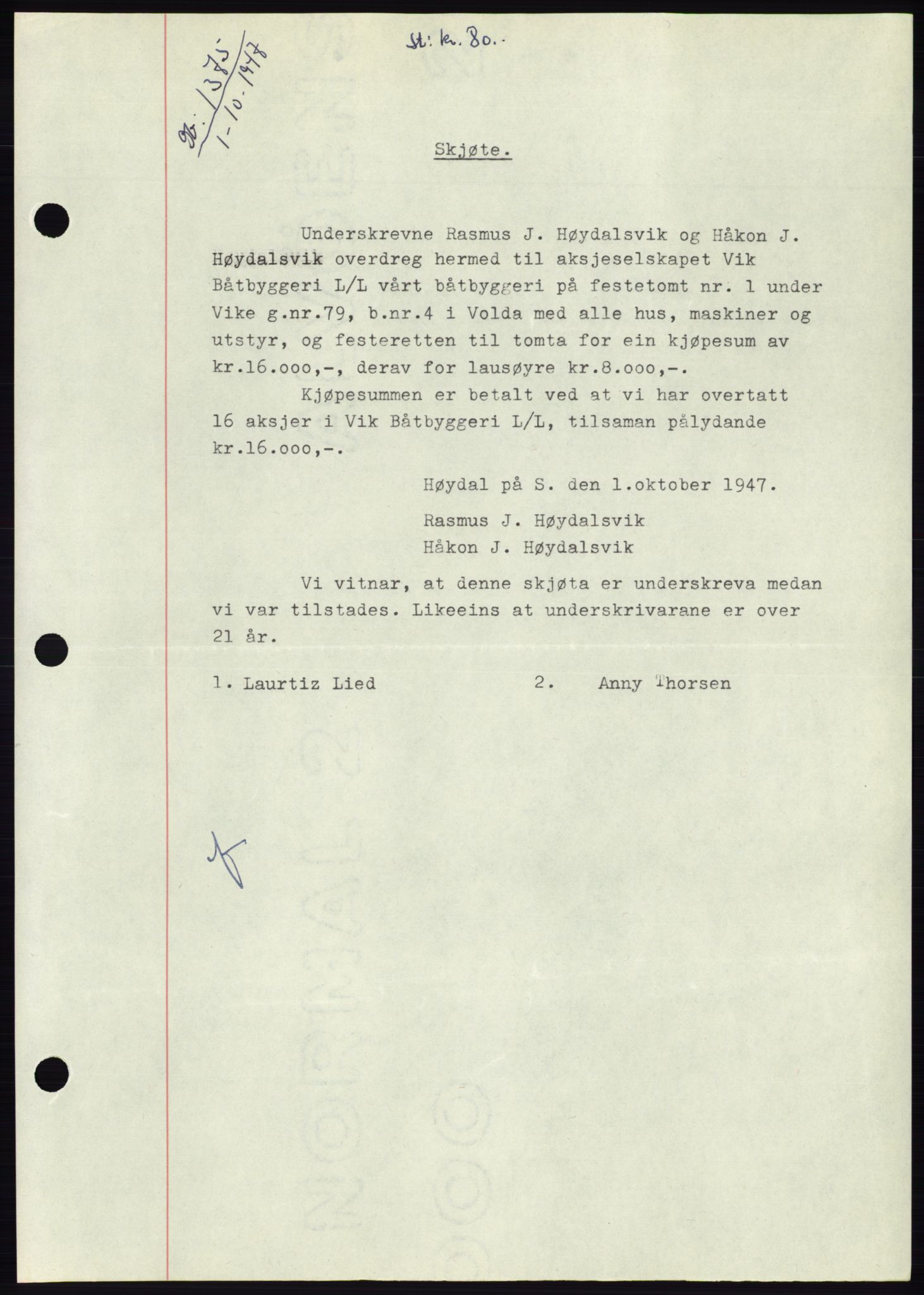 Søre Sunnmøre sorenskriveri, SAT/A-4122/1/2/2C/L0081: Pantebok nr. 7A, 1947-1948, Dagboknr: 1375/1947