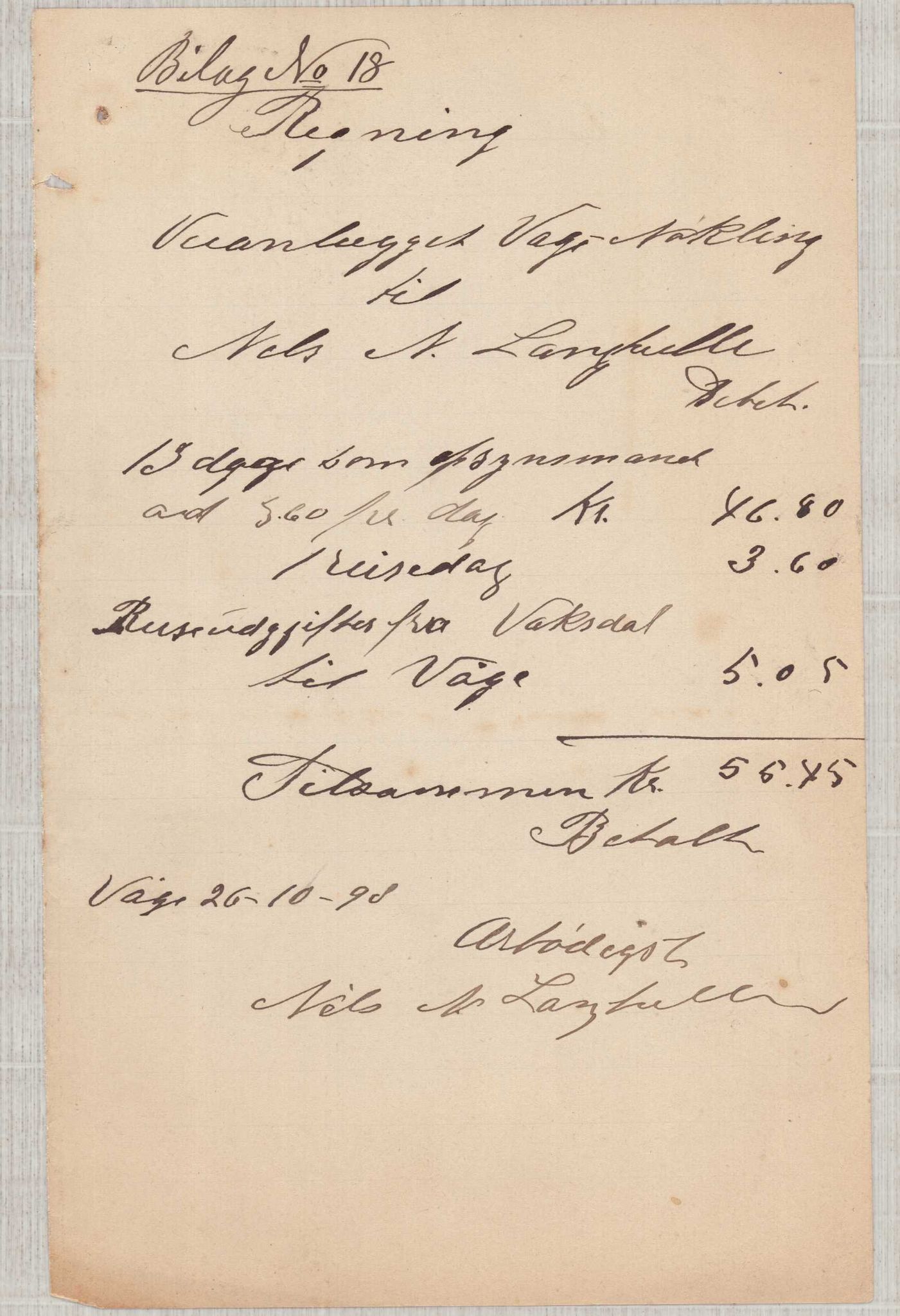 Finnaas kommune. Formannskapet, IKAH/1218a-021/E/Ea/L0002/0006: Rekneskap for veganlegg / Rekneskap for veganlegget Våge - Nøkling, 1898, s. 14