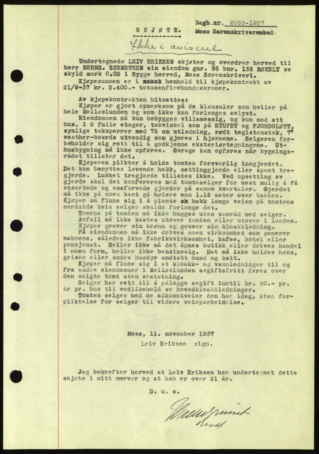 Moss sorenskriveri, SAO/A-10168: Pantebok nr. A3, 1937-1938, Dagboknr: 2053/1937