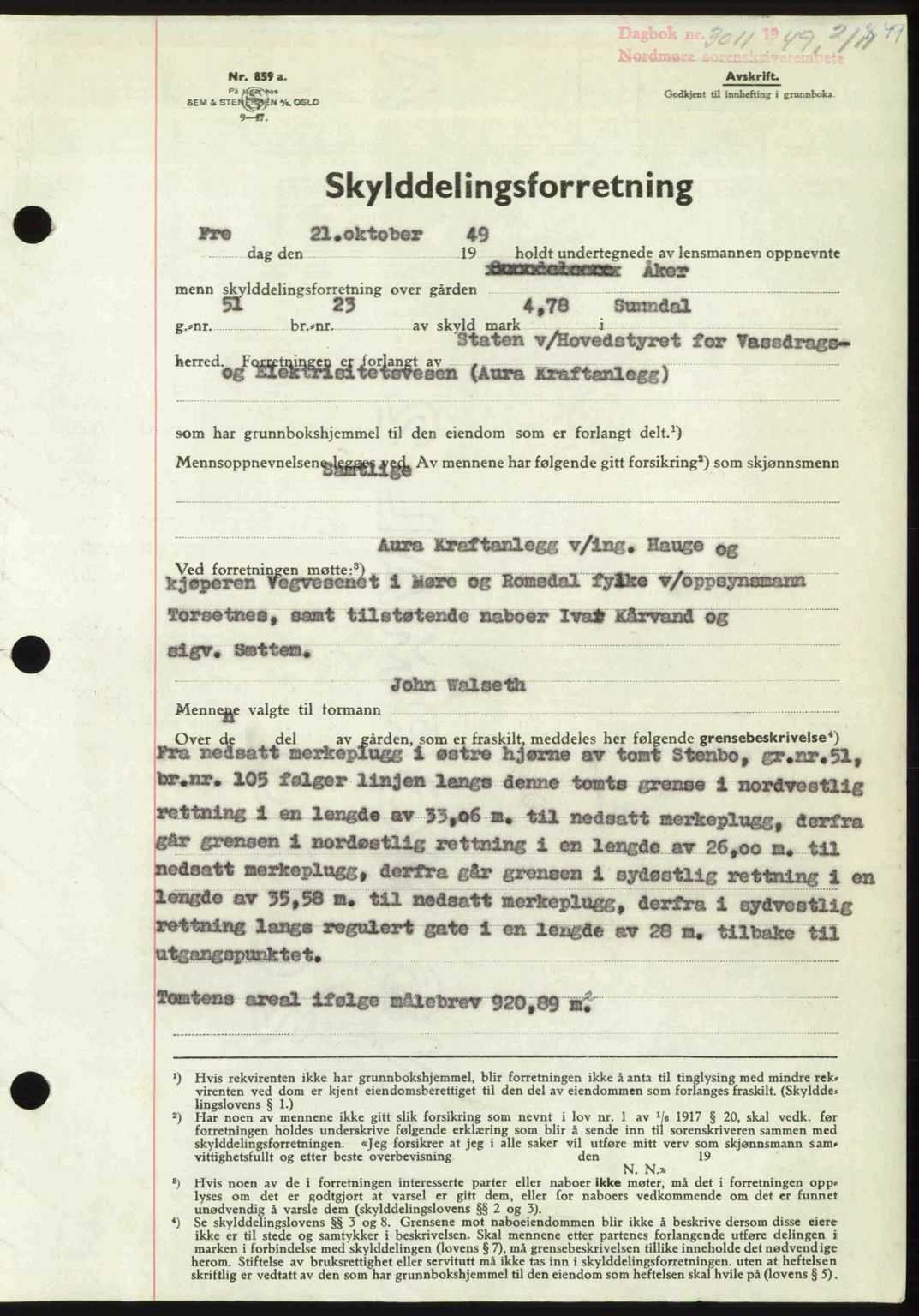 Nordmøre sorenskriveri, SAT/A-4132/1/2/2Ca: Pantebok nr. A112, 1949-1949, Dagboknr: 3011/1949