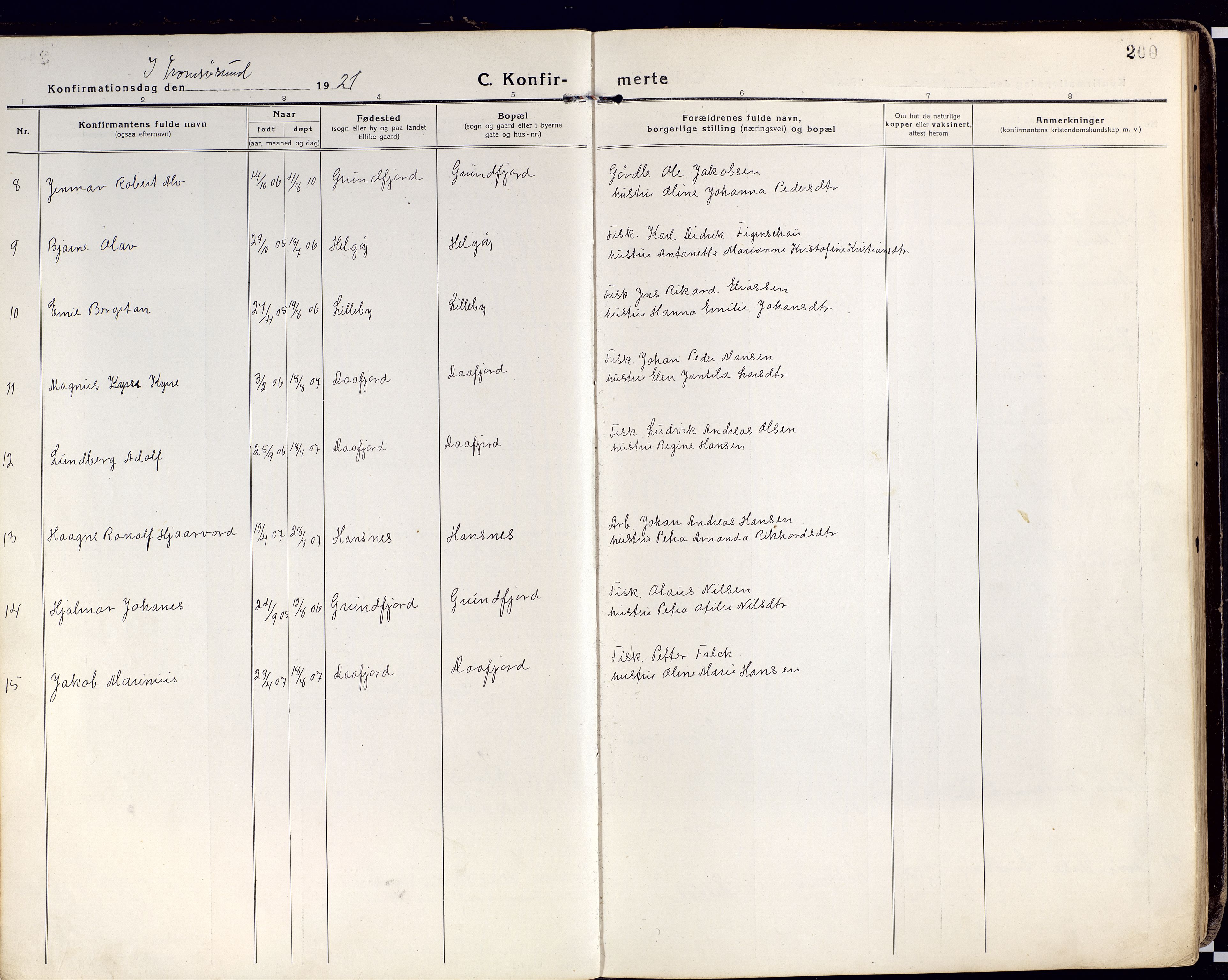 Karlsøy sokneprestembete, AV/SATØ-S-1299/H/Ha/Haa/L0015kirke: Ministerialbok nr. 15, 1918-1929, s. 200