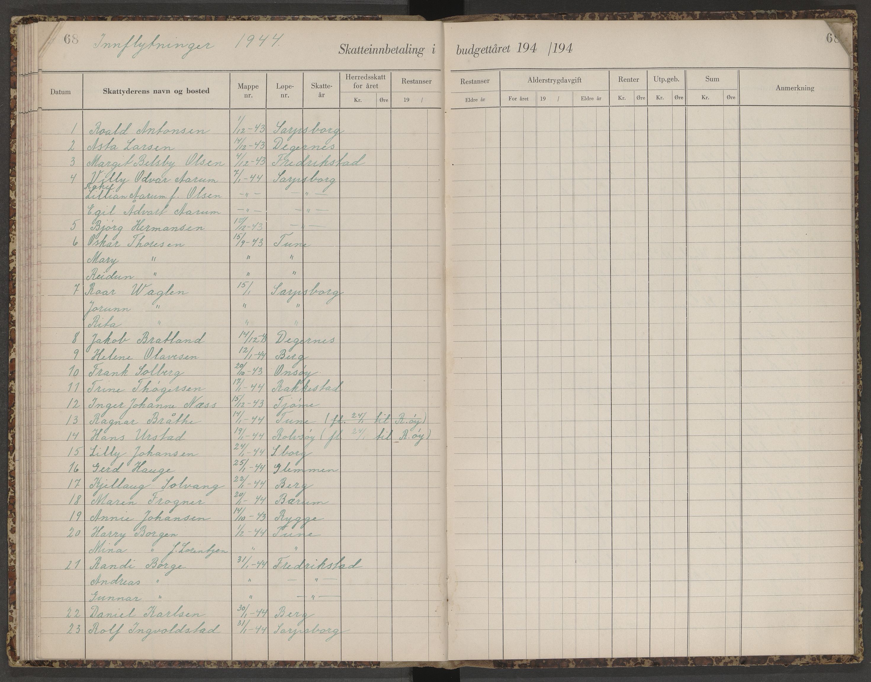 Skjeberg folkeregister, AV/SAO-A-10495/K/Ka/L0003: Fortegnelse over inn- og utflyttede, 1943-1947, s. 68