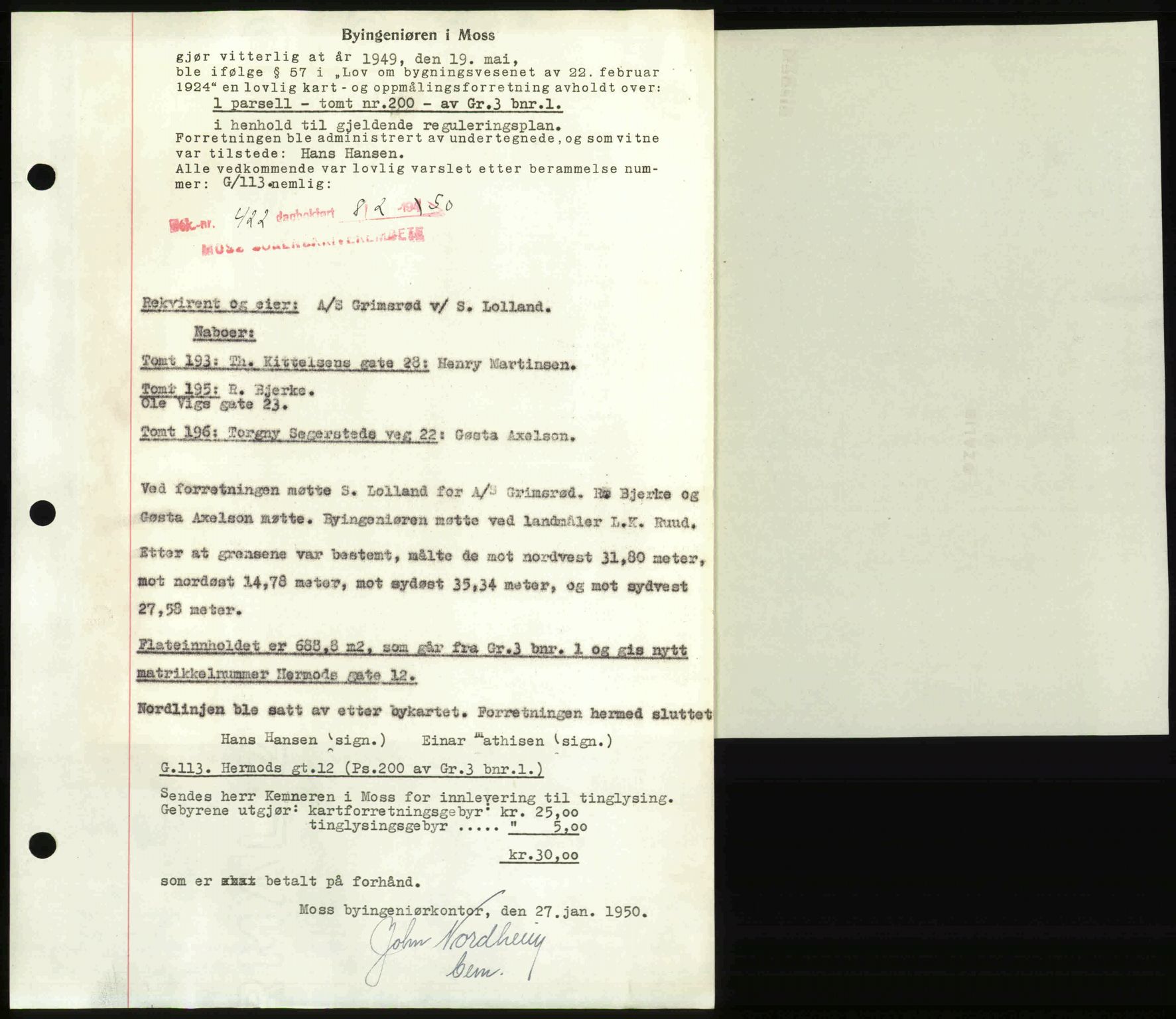Moss sorenskriveri, SAO/A-10168: Pantebok nr. A25, 1950-1950, Dagboknr: 422/1950