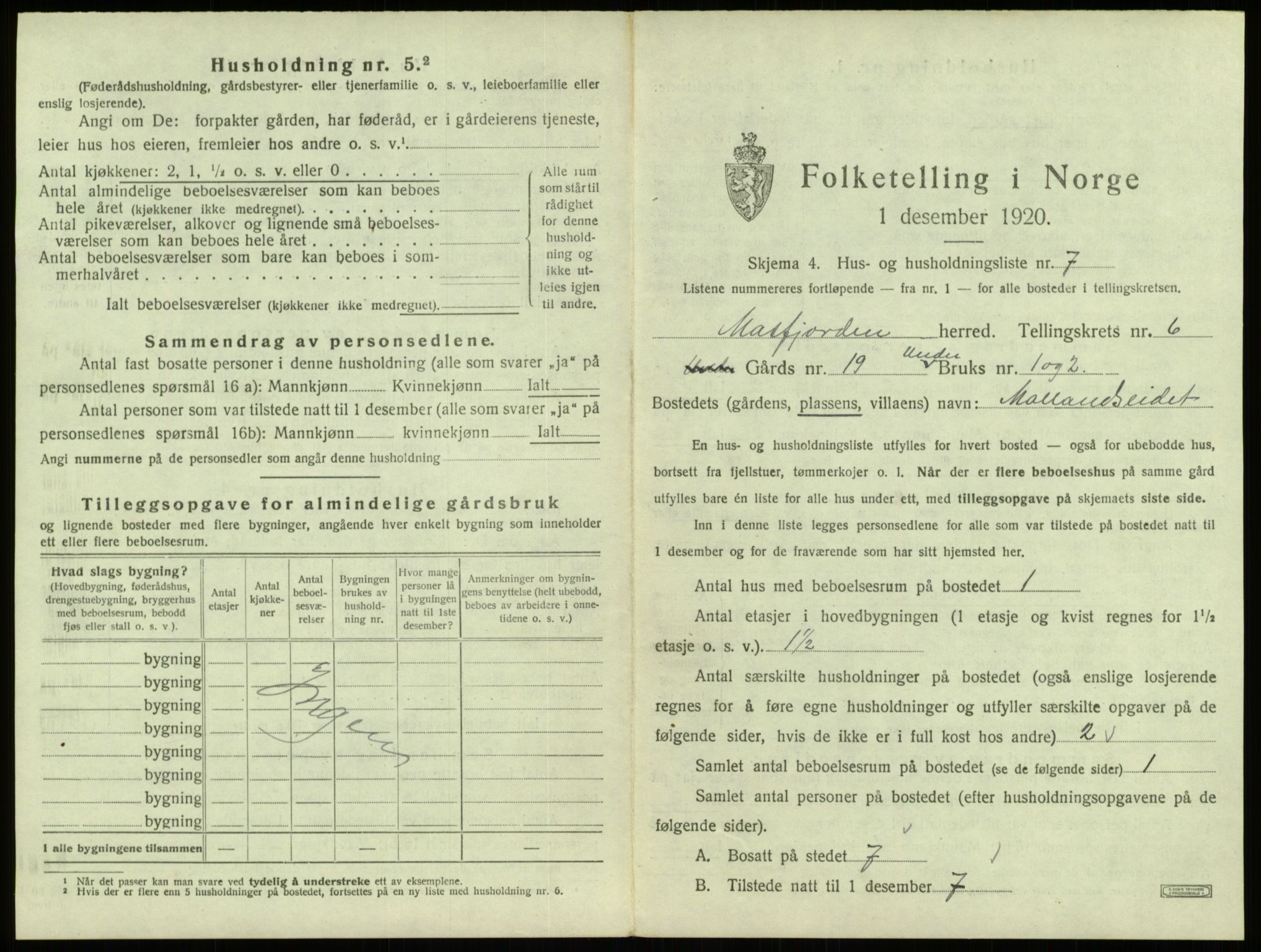 SAB, Folketelling 1920 for 1266 Masfjorden herred, 1920, s. 299