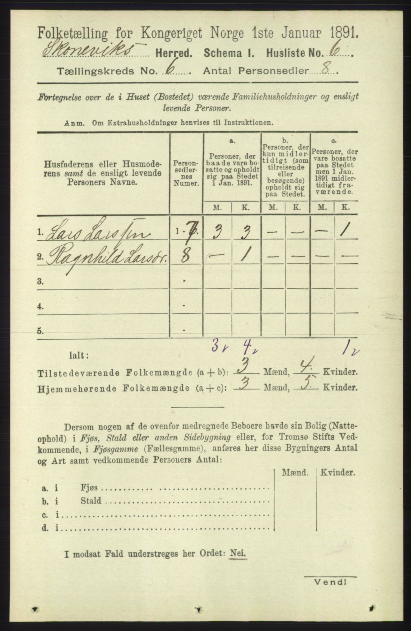 RA, Folketelling 1891 for 1212 Skånevik herred, 1891, s. 1487