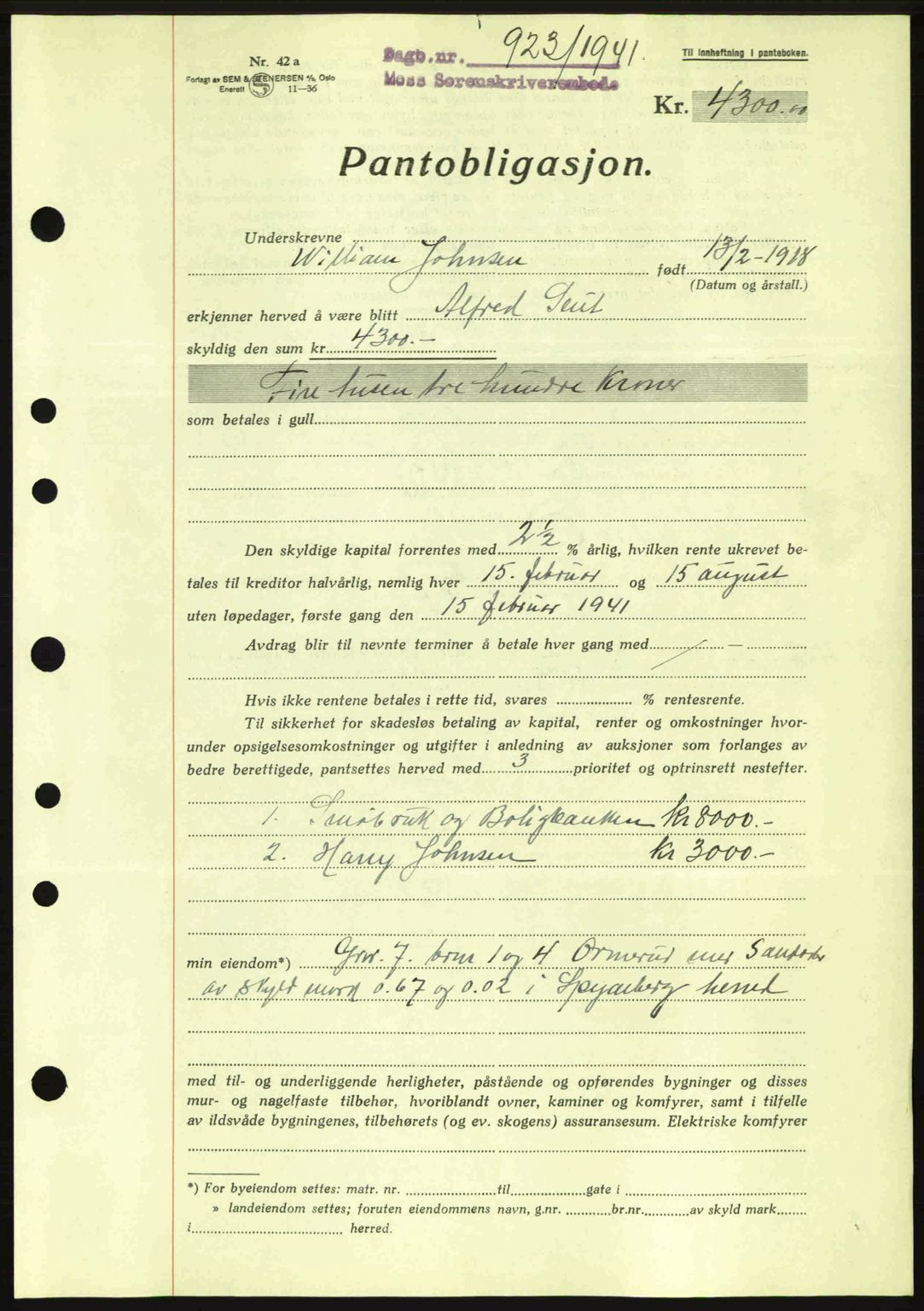 Moss sorenskriveri, SAO/A-10168: Pantebok nr. B10, 1940-1941, Dagboknr: 923/1941