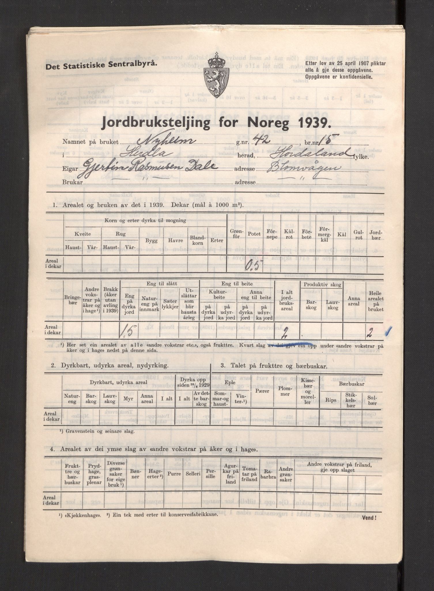 Statistisk sentralbyrå, Næringsøkonomiske emner, Jordbruk, skogbruk, jakt, fiske og fangst, AV/RA-S-2234/G/Gb/L0211: Hordaland: Herdla, Hjelme og Manger, 1939, s. 21