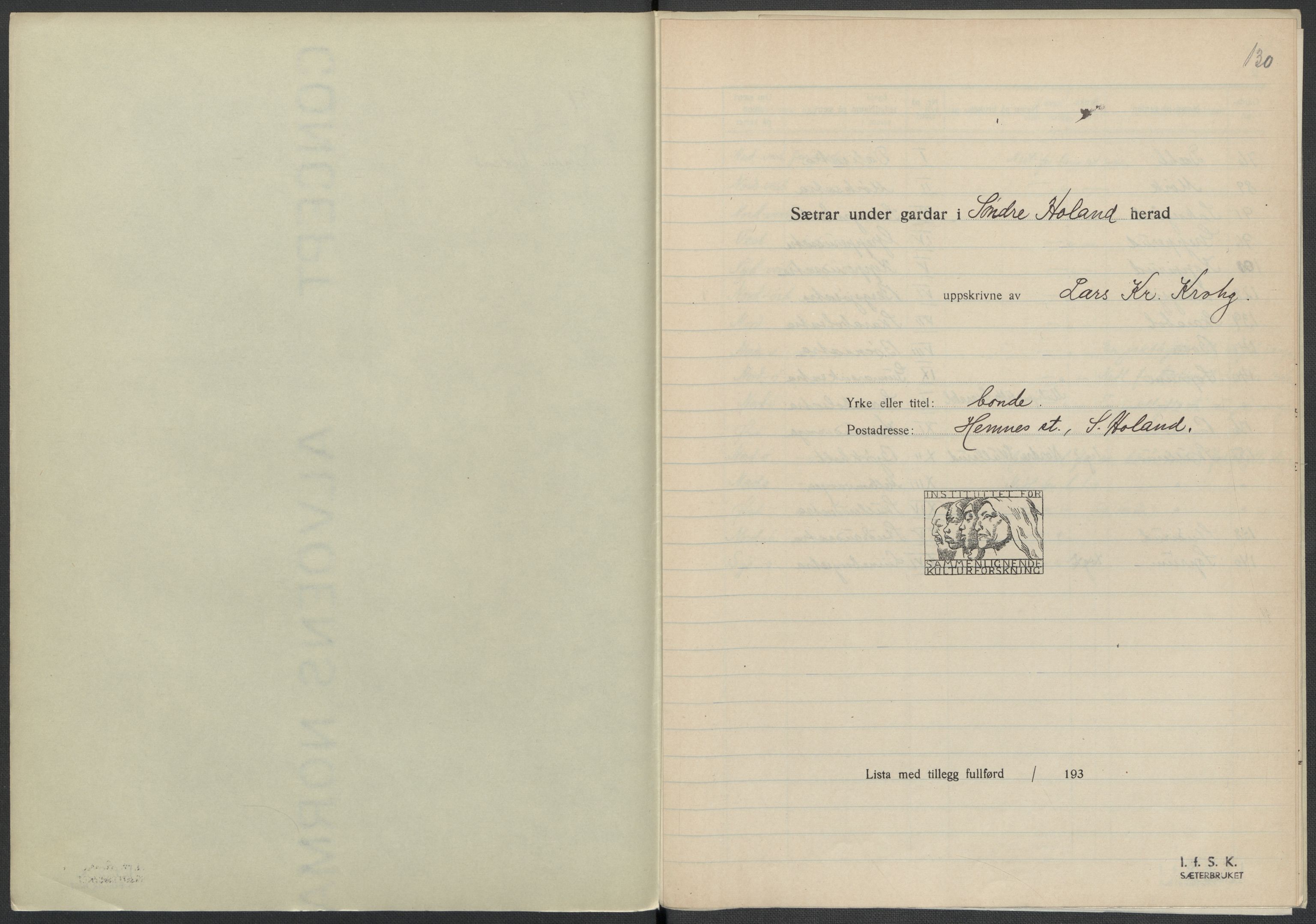 Instituttet for sammenlignende kulturforskning, AV/RA-PA-0424/F/Fc/L0002/0002: Eske B2: / Akershus (perm II), 1932-1936, s. 130