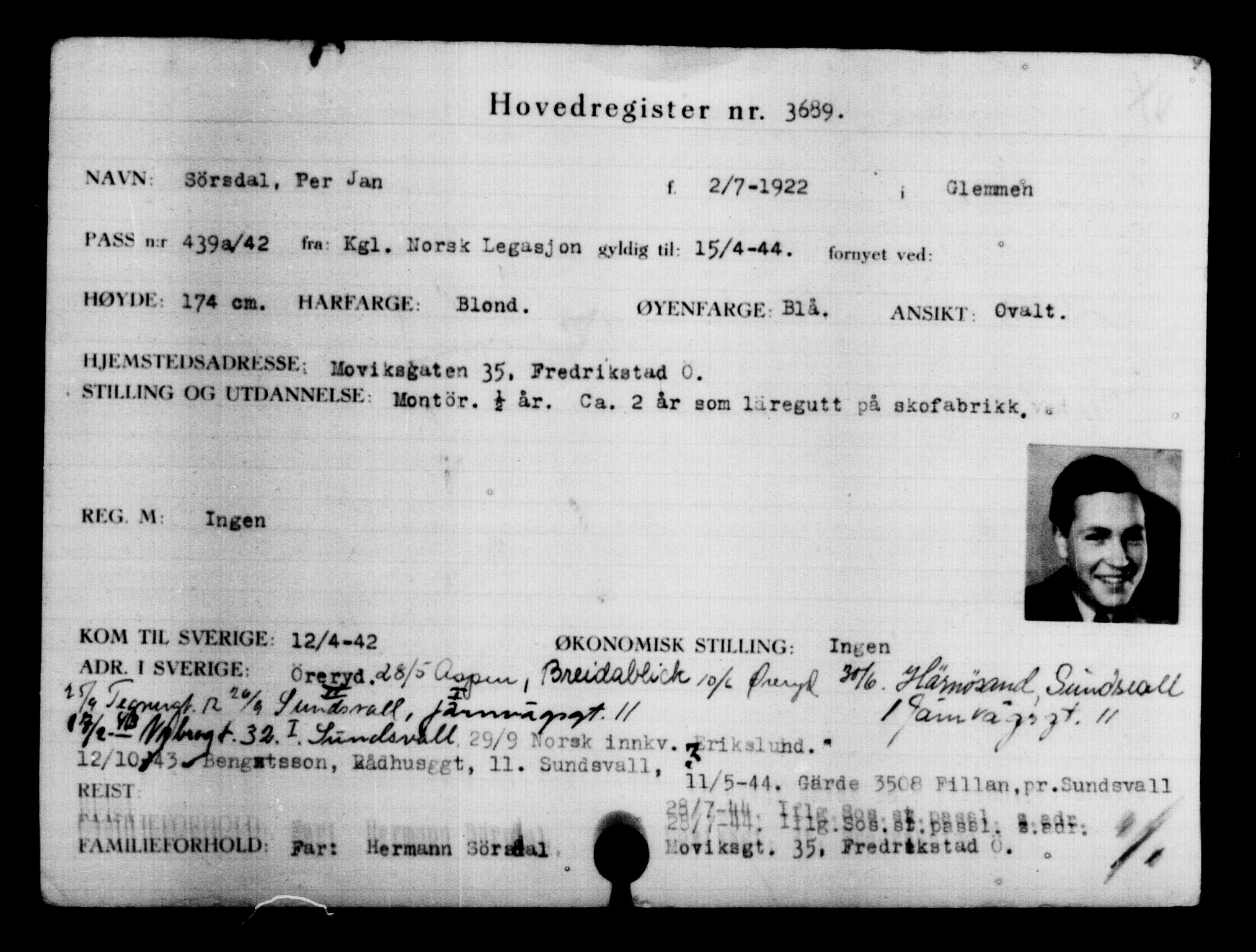 Utenriksstasjonene, Legasjonen i Stockholm, Flyktningkontoret, AV/RA-S-6753/V/Va/L0004: Kjesäterkartoteket, flyktninger med registreringsnr. 3496-6610, 1940-1945, s. 222