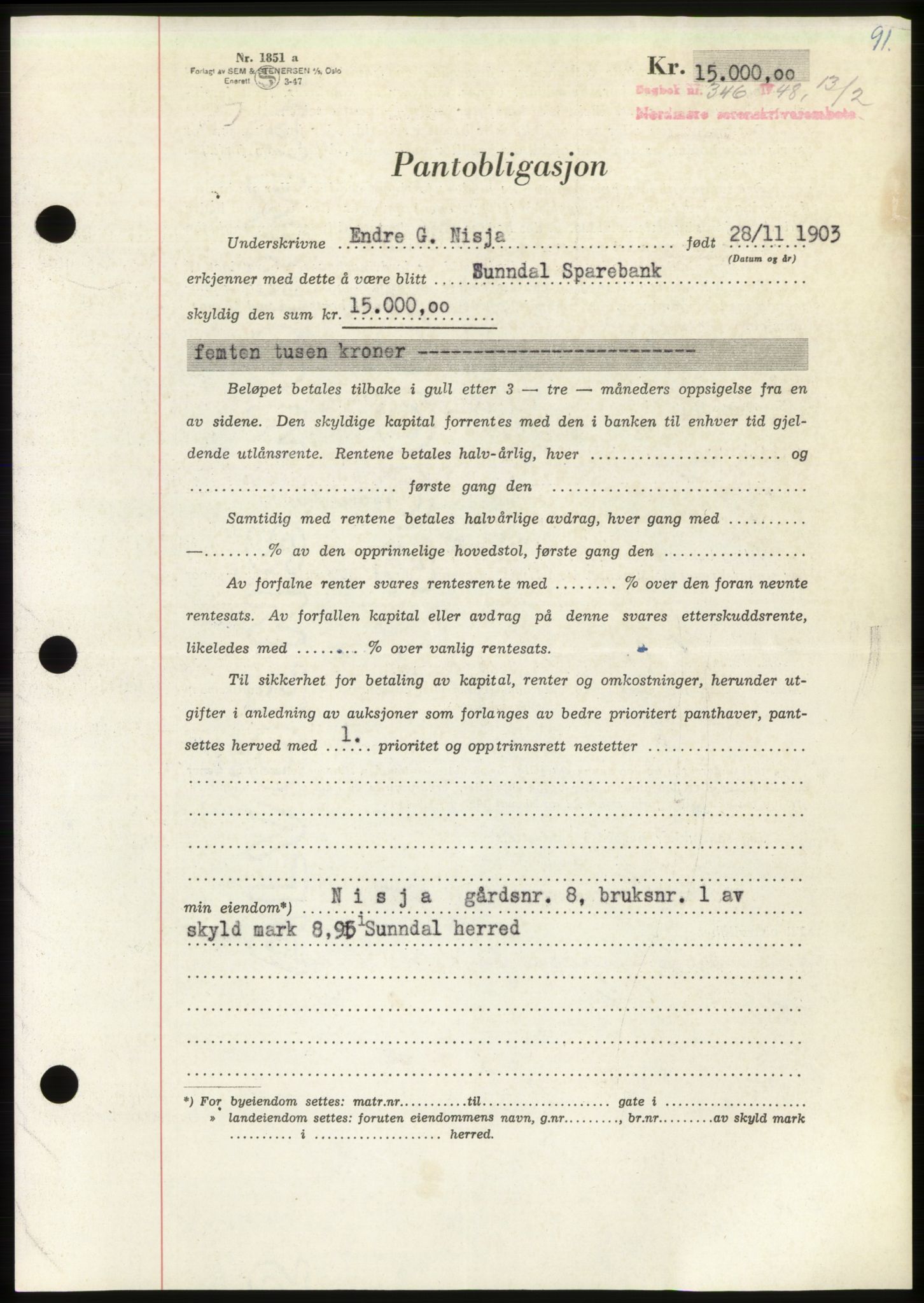 Nordmøre sorenskriveri, SAT/A-4132/1/2/2Ca: Pantebok nr. B98, 1948-1948, Dagboknr: 346/1948