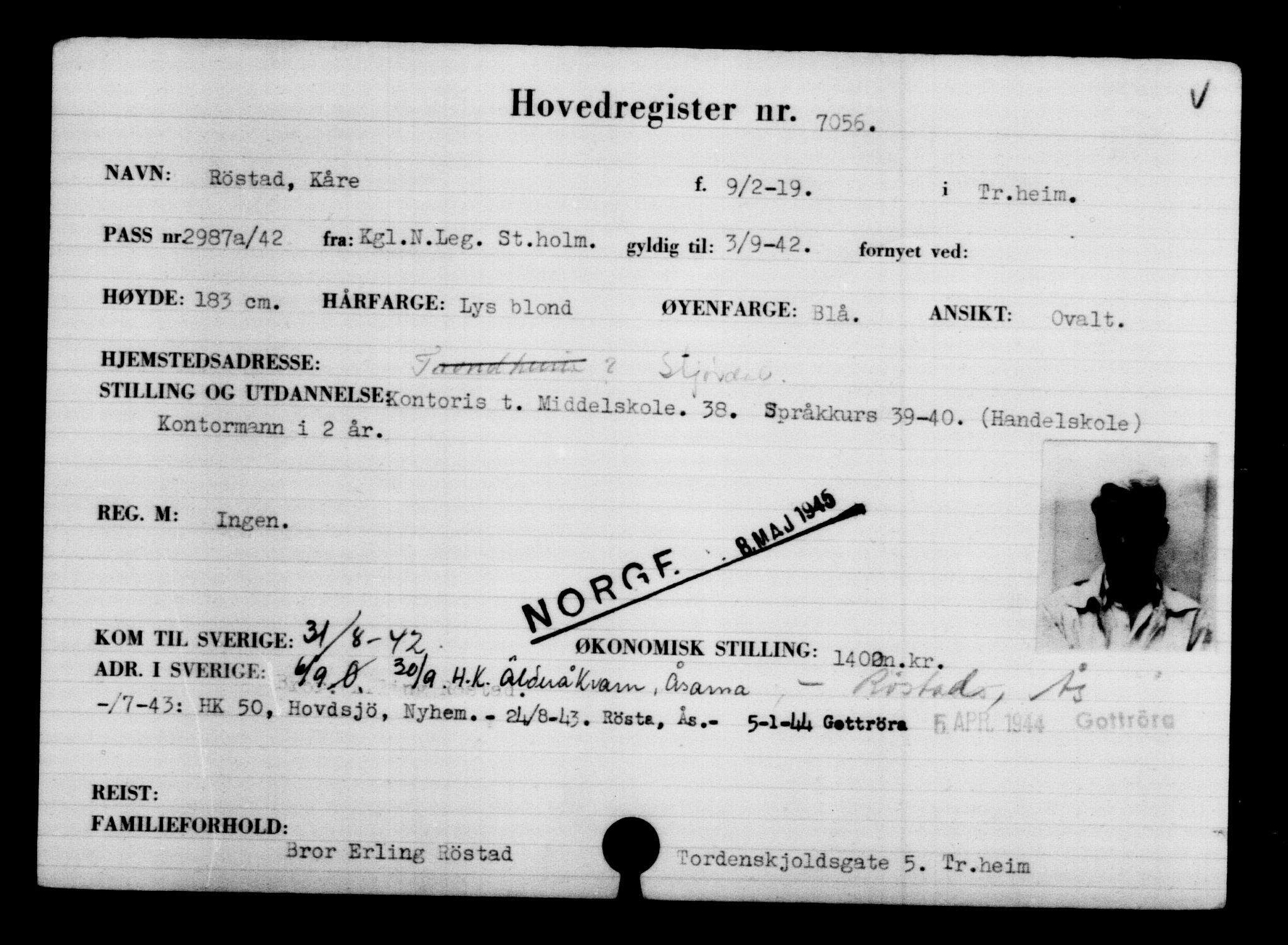 Utenriksstasjonene, Legasjonen i Stockholm, Flyktningkontoret, AV/RA-S-6753/V/Va/L0005: Kjesäterkartoteket, flyktning nr. 6600-9417, 1940-1945, s. 549