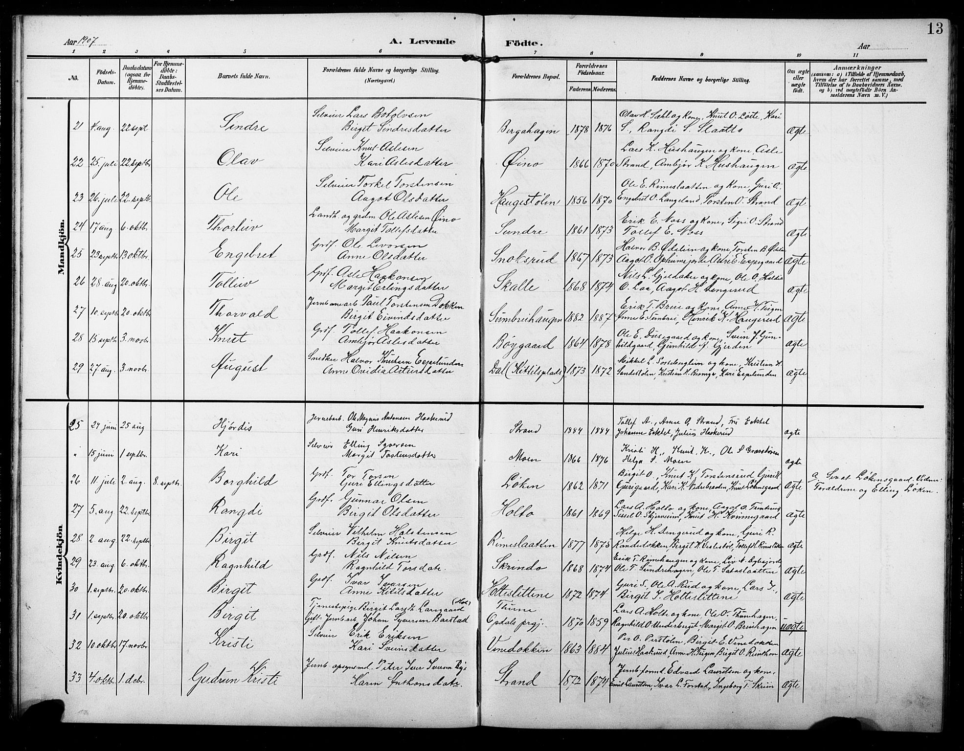 Ål kirkebøker, AV/SAKO-A-249/G/Ga/L0002: Klokkerbok nr. 2, 1904-1928, s. 13