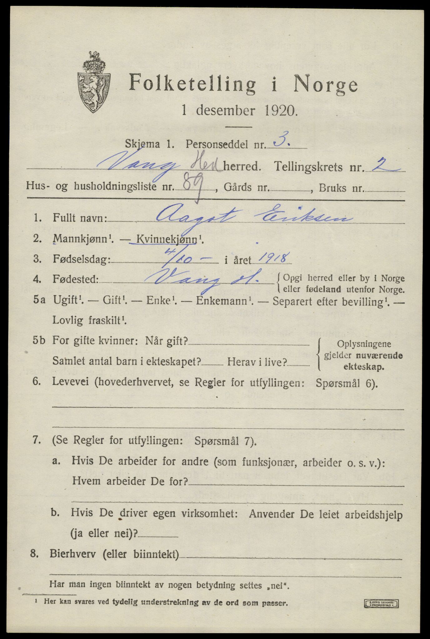 SAH, Folketelling 1920 for 0414 Vang herred, 1920, s. 7617