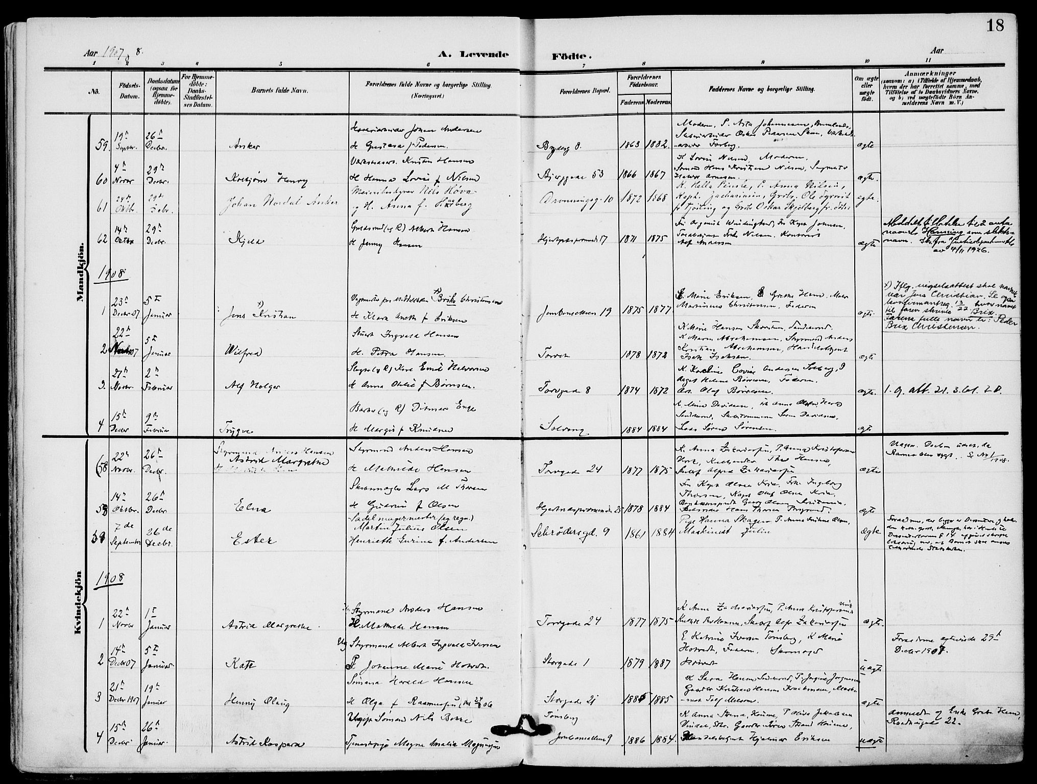 Sandefjord kirkebøker, AV/SAKO-A-315/F/Fa/L0005: Ministerialbok nr. 5, 1906-1915, s. 18