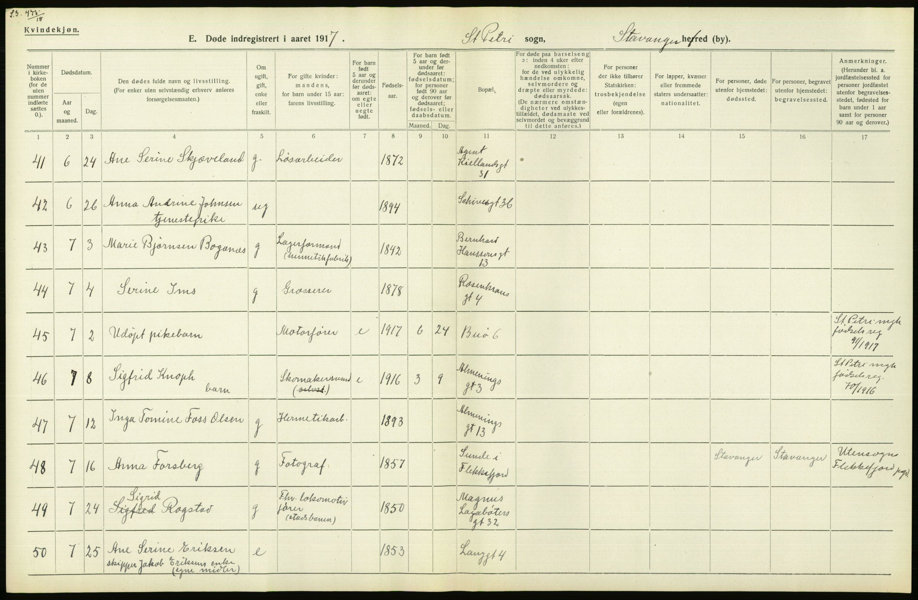 Statistisk sentralbyrå, Sosiodemografiske emner, Befolkning, RA/S-2228/D/Df/Dfb/Dfbg/L0033: Stavanger amt: Døde, dødfødte. Bygder og byer., 1917, s. 622