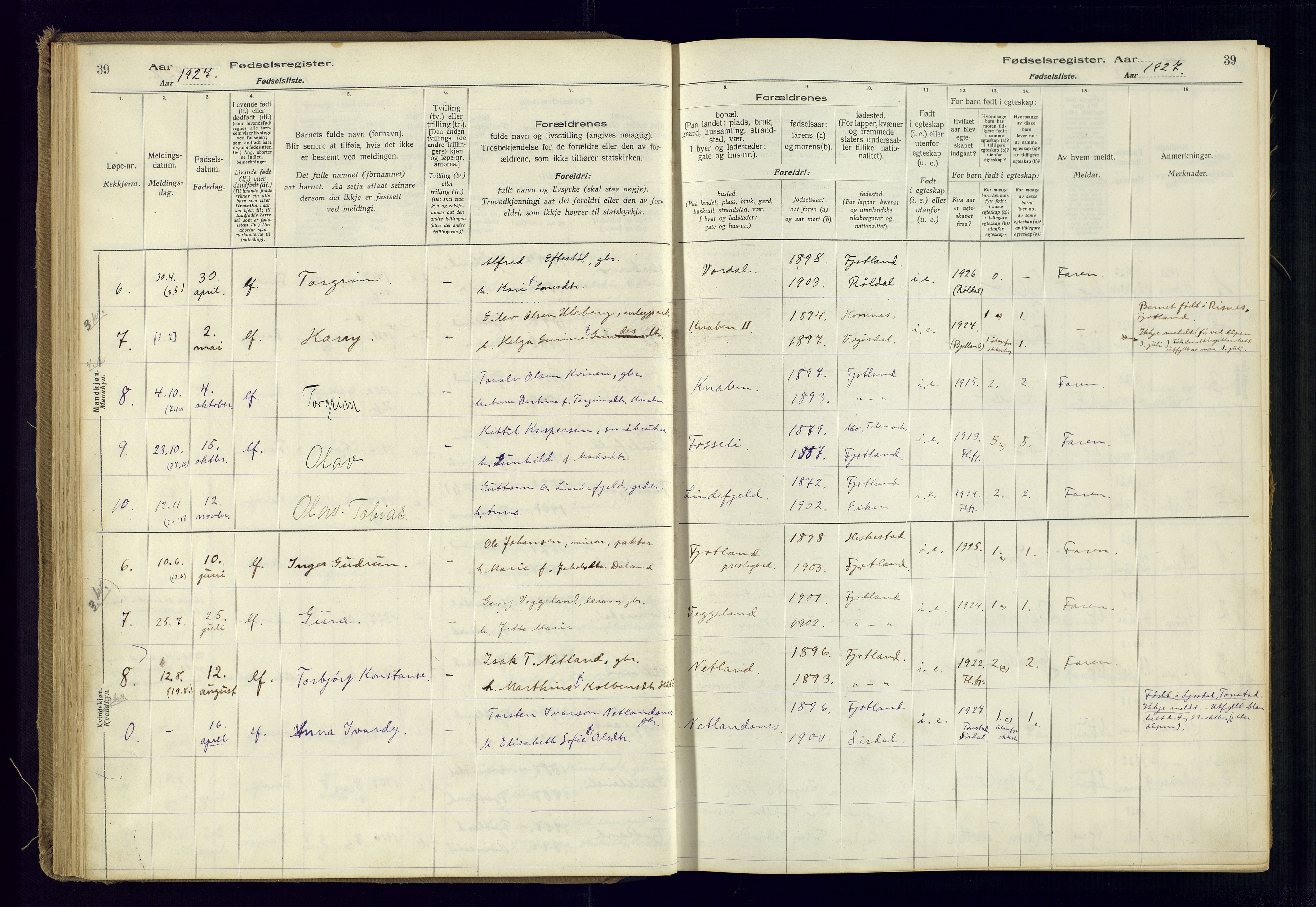 Fjotland sokneprestkontor, AV/SAK-1111-0010/J/Ja/L0001: Fødselsregister nr. 1, 1916-1981, s. 39