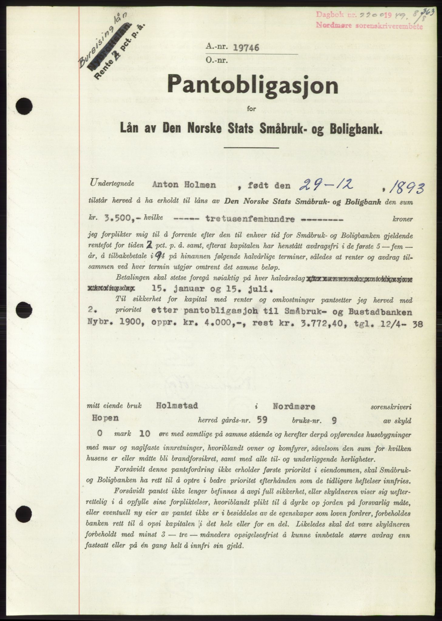 Nordmøre sorenskriveri, SAT/A-4132/1/2/2Ca: Pantebok nr. B102, 1949-1949, Dagboknr: 2200/1949