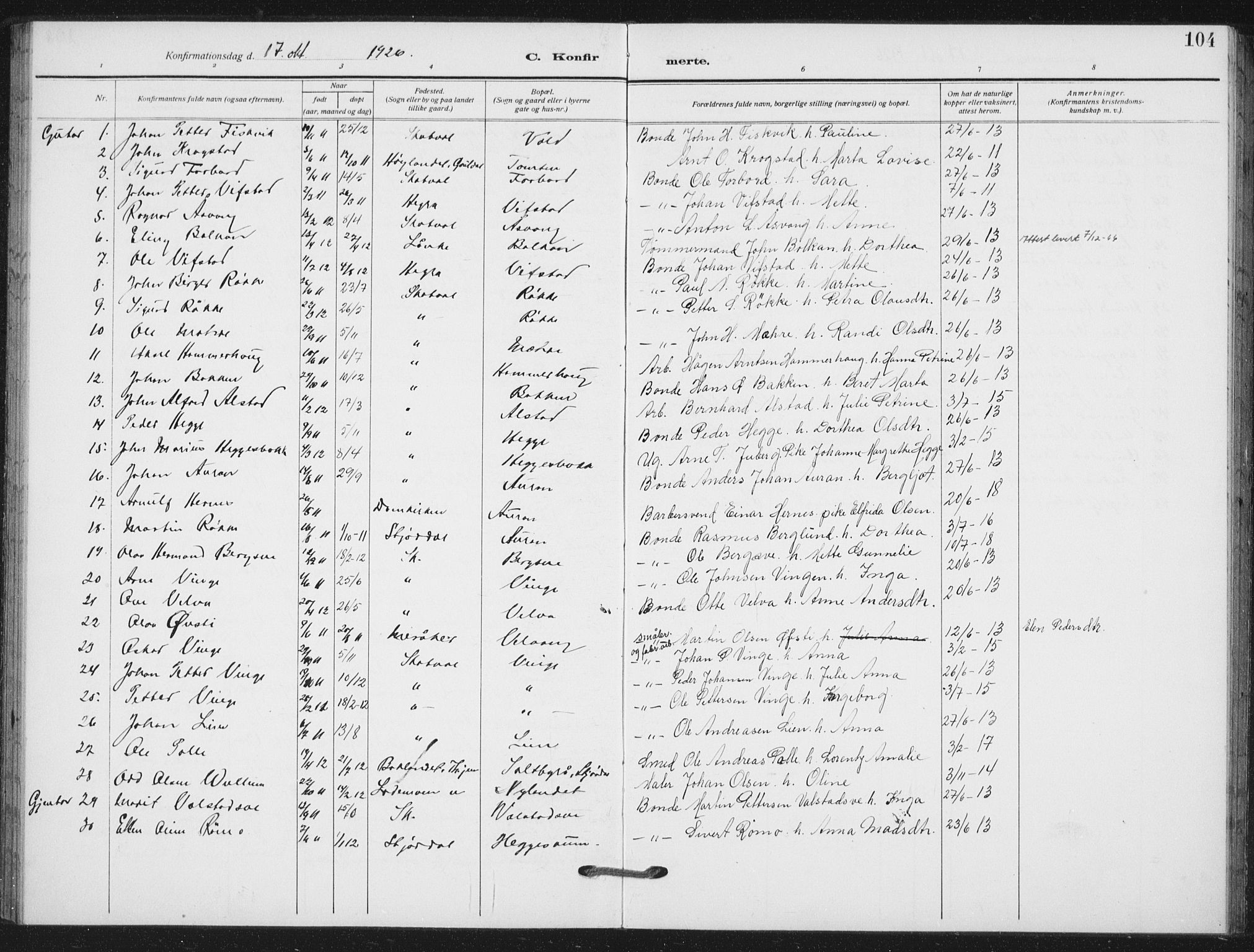 Ministerialprotokoller, klokkerbøker og fødselsregistre - Nord-Trøndelag, AV/SAT-A-1458/712/L0102: Ministerialbok nr. 712A03, 1916-1929, s. 104