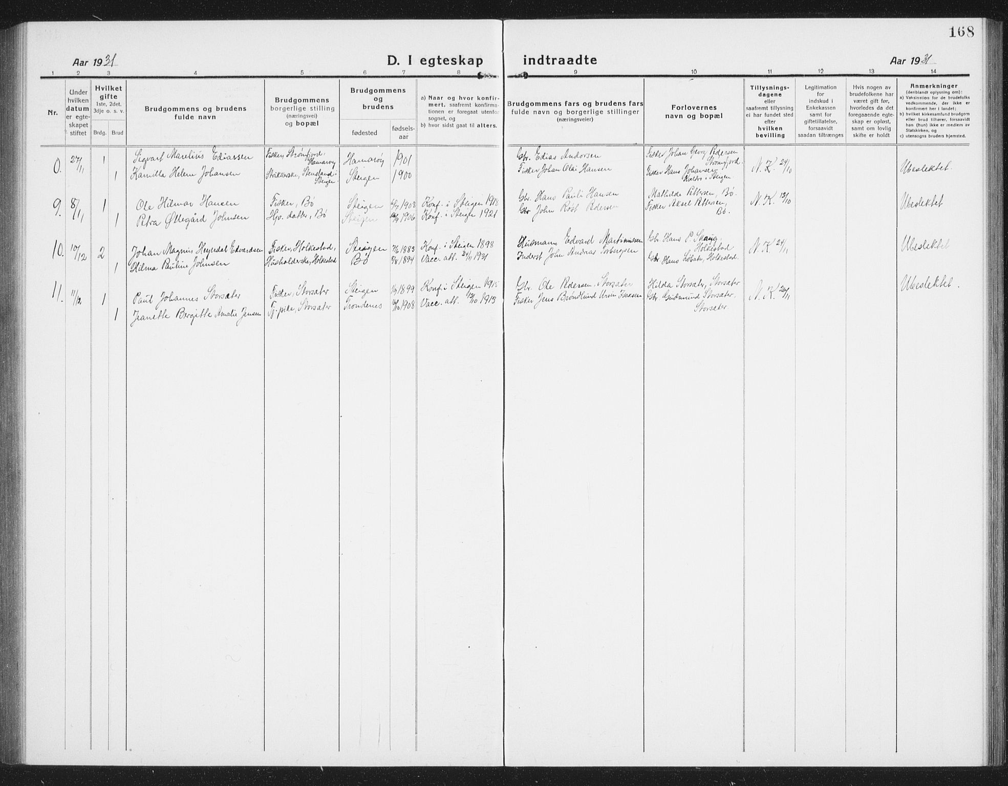 Ministerialprotokoller, klokkerbøker og fødselsregistre - Nordland, SAT/A-1459/855/L0817: Klokkerbok nr. 855C06, 1917-1934, s. 168