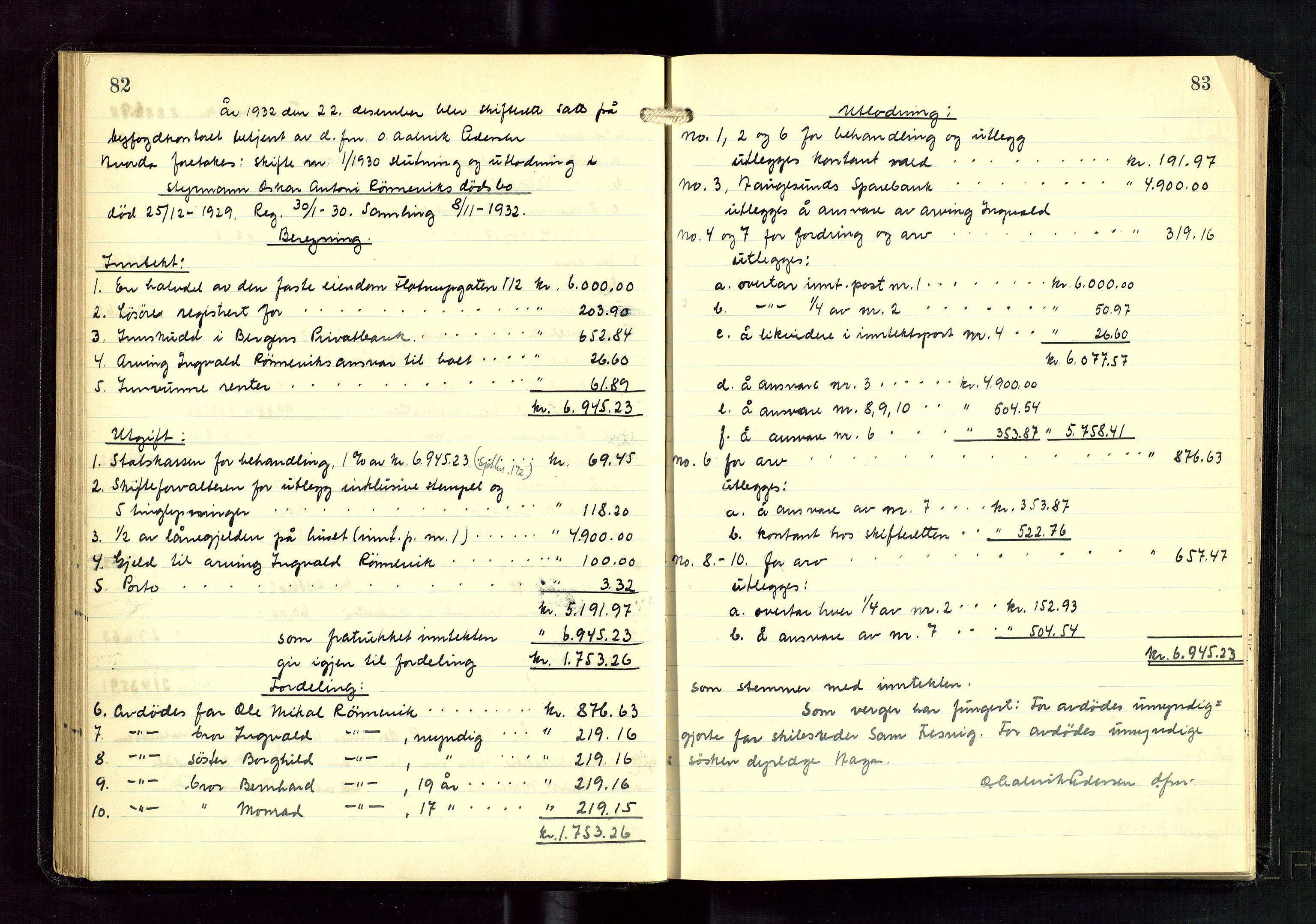 Haugesund tingrett, AV/SAST-A-101415/01/IV/IVD/L0005: Skifteutlodningsprotokoll, med register, 1931-1937, s. 82-83