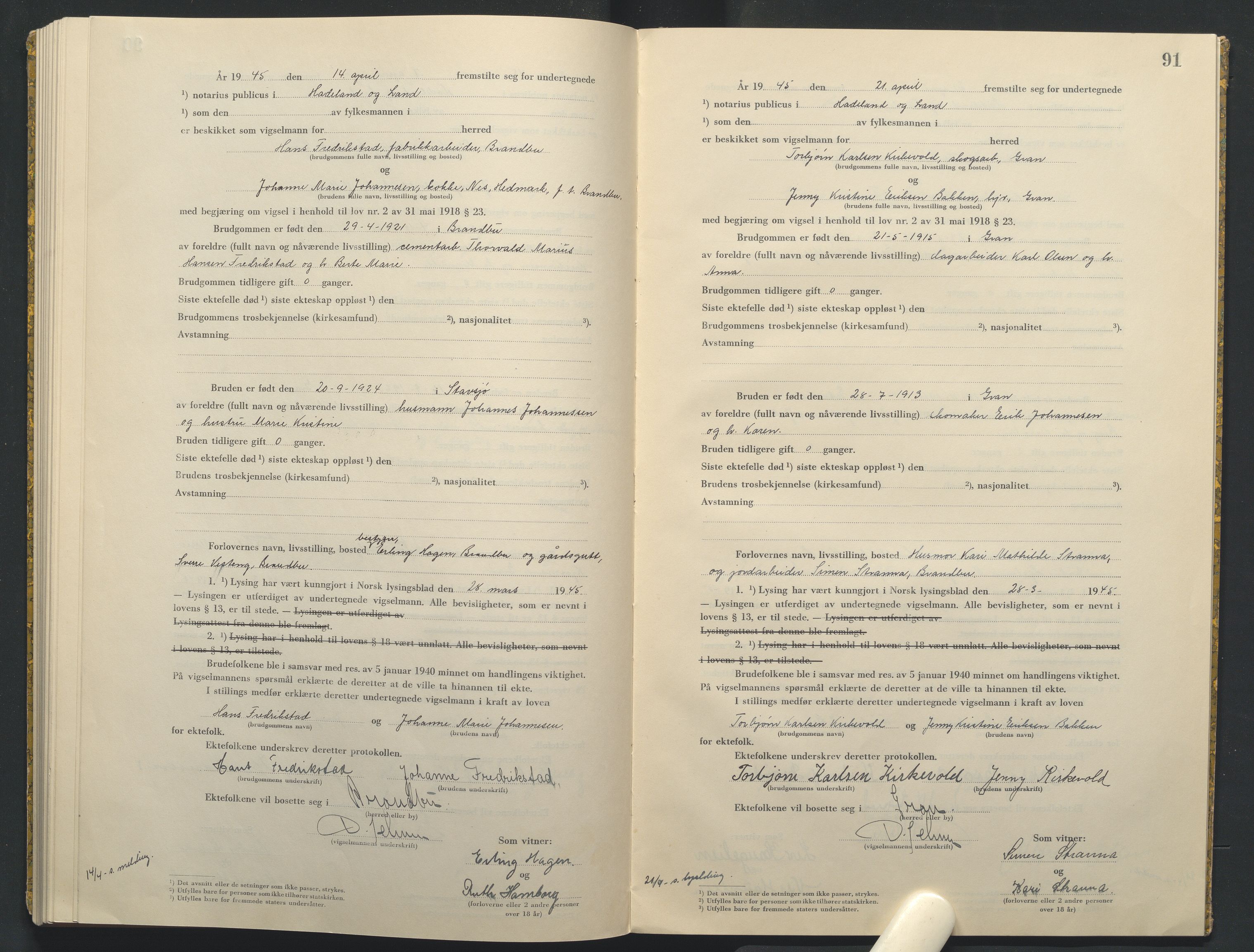 Hadeland og Land tingrett, AV/SAH-TING-010/L/Lb/L0003: Vigselbok, 1944-1946, s. 91