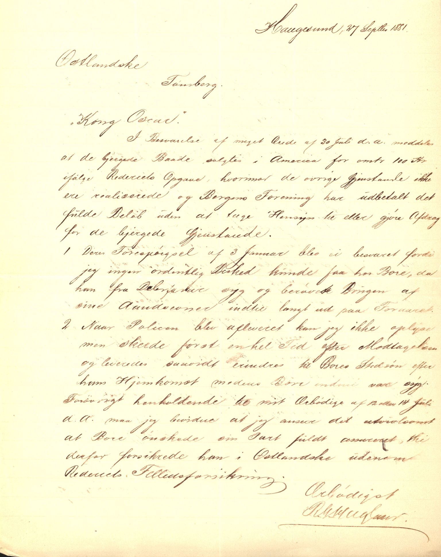 Pa 63 - Østlandske skibsassuranceforening, VEMU/A-1079/G/Ga/L0014/0003: Havaridokumenter / Helene, Joanchas, Kong Oskar af Sandefjord, Kong Oscar af Haugesund, 1881, s. 31
