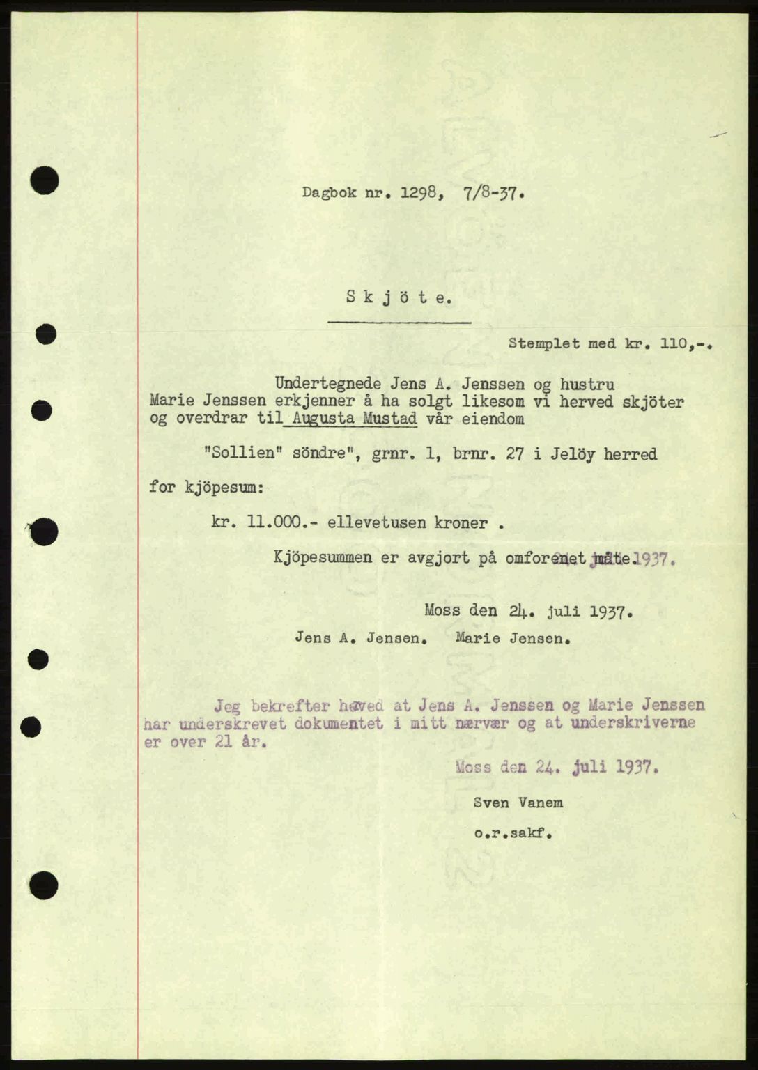 Moss sorenskriveri, SAO/A-10168: Pantebok nr. A3, 1937-1938, Dagboknr: 1298/1937