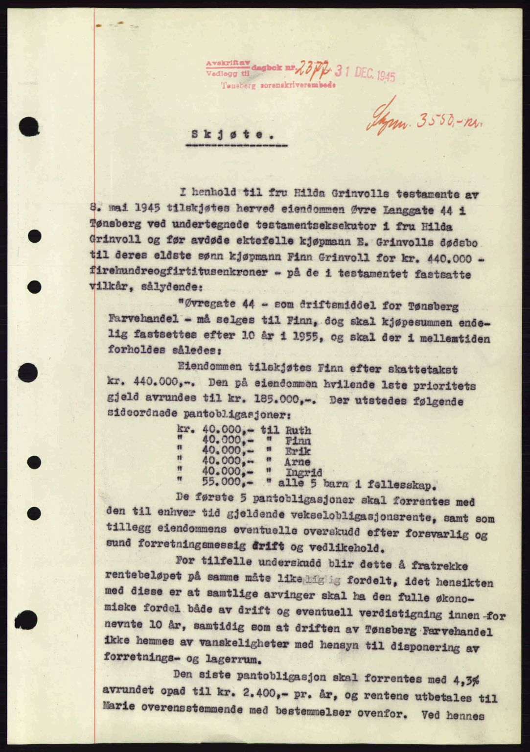 Tønsberg sorenskriveri, AV/SAKO-A-130/G/Ga/Gaa/L0017a: Pantebok nr. A17a, 1945-1945, Dagboknr: 2377/1945