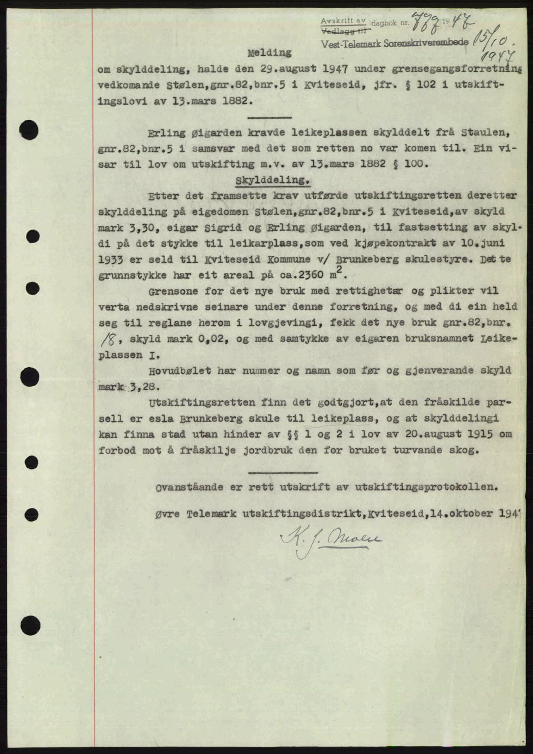Vest-Telemark sorenskriveri, SAKO/A-134/G/Ga/Gac/L0008: Pantebok nr. A-8, 1947-1948, Dagboknr: 777/1947