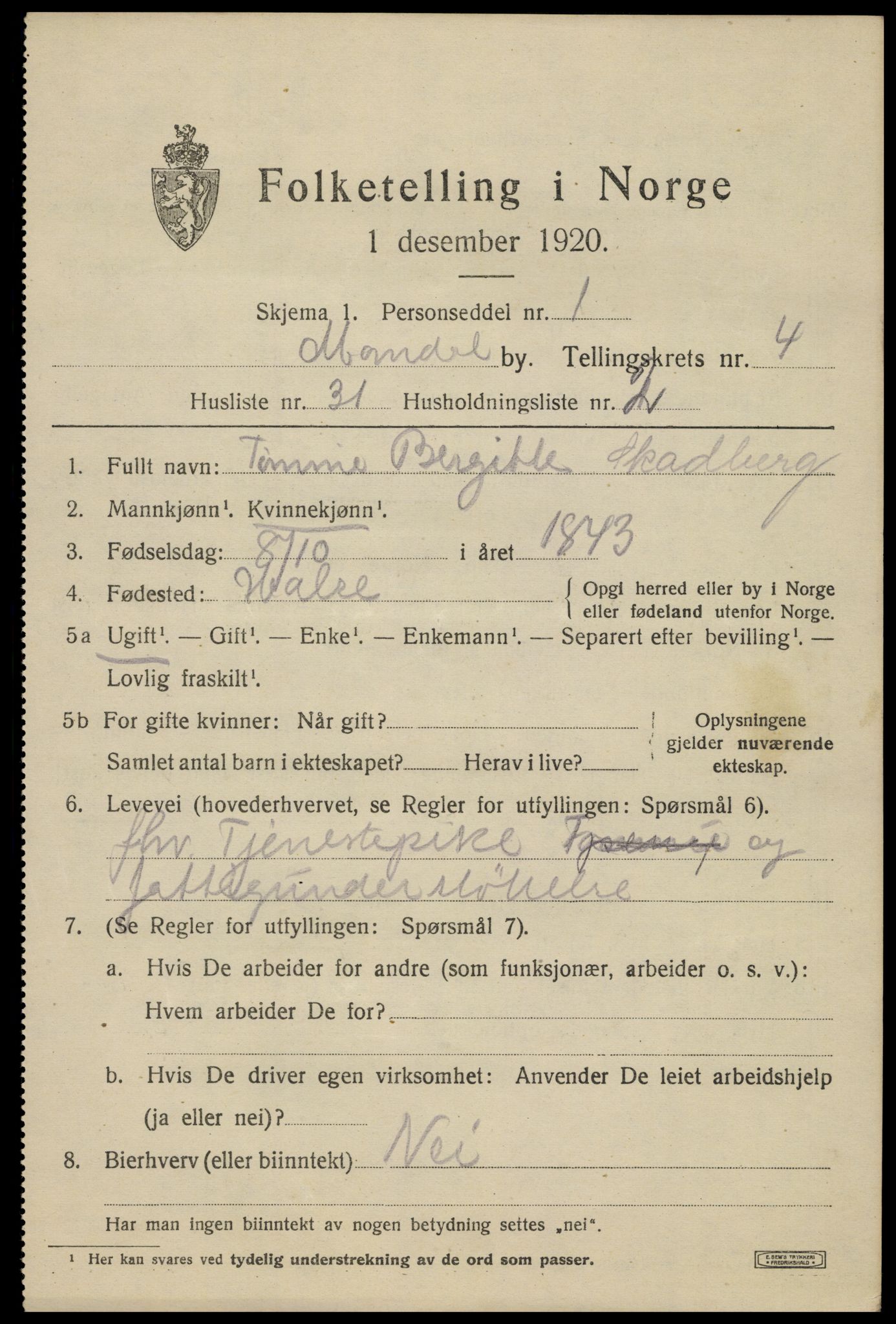 SAK, Folketelling 1920 for 1002 Mandal ladested, 1920, s. 7313