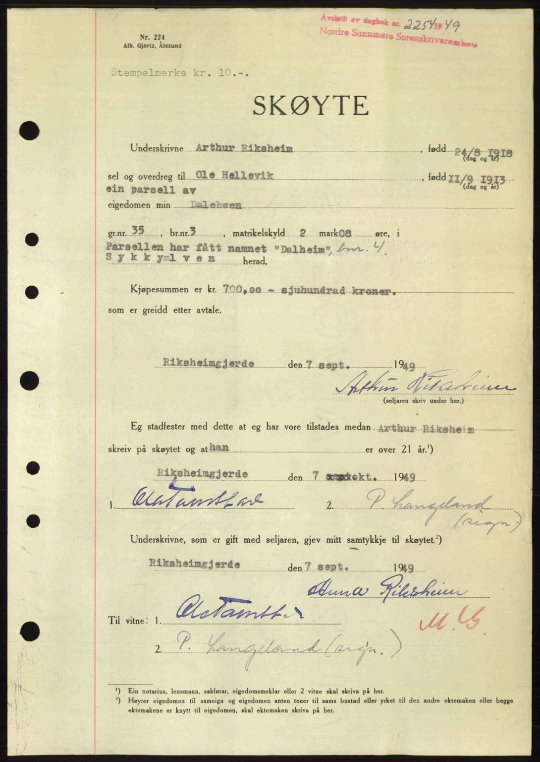 Nordre Sunnmøre sorenskriveri, SAT/A-0006/1/2/2C/2Ca: Pantebok nr. A32, 1949-1949, Dagboknr: 2254/1949