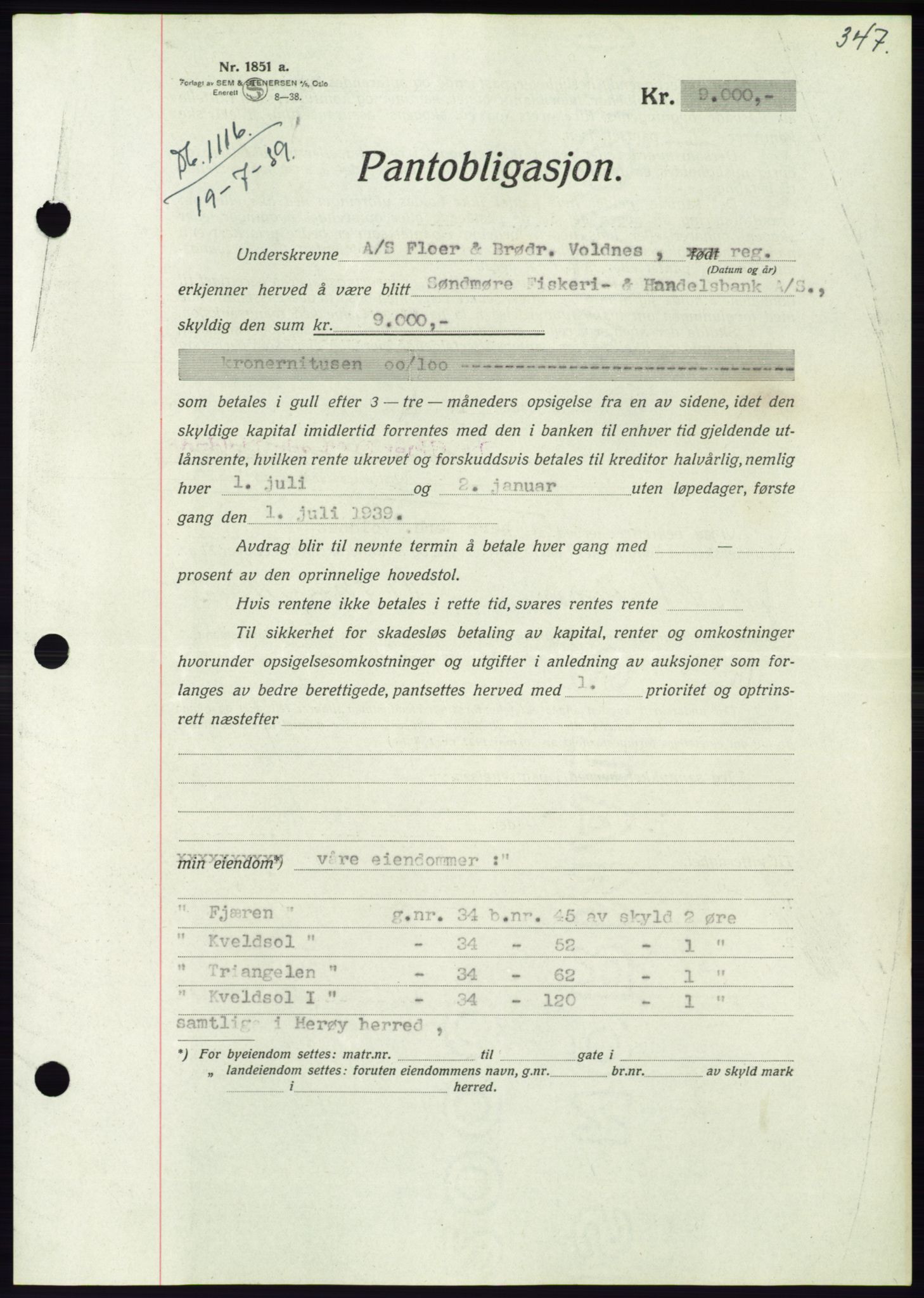 Søre Sunnmøre sorenskriveri, AV/SAT-A-4122/1/2/2C/L0068: Pantebok nr. 62, 1939-1939, Dagboknr: 1116/1939