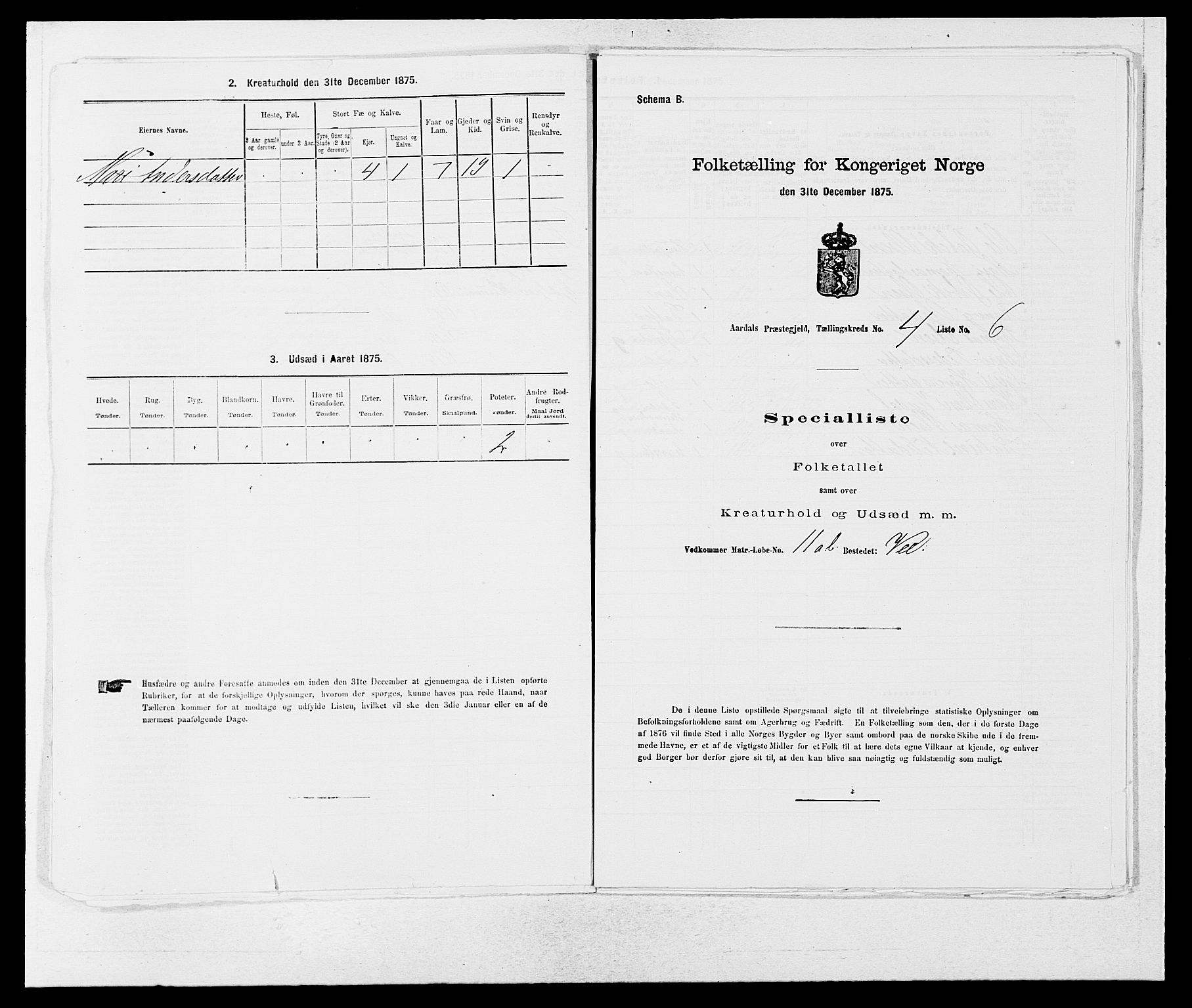 SAB, Folketelling 1875 for 1424P Årdal prestegjeld, 1875, s. 405