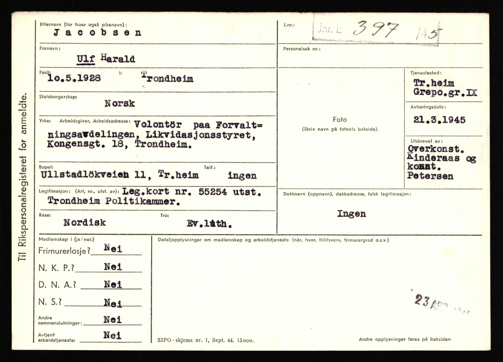 Statspolitiet - Hovedkontoret / Osloavdelingen, AV/RA-S-1329/C/Ca/L0007: Hol - Joelsen, 1943-1945, s. 3373