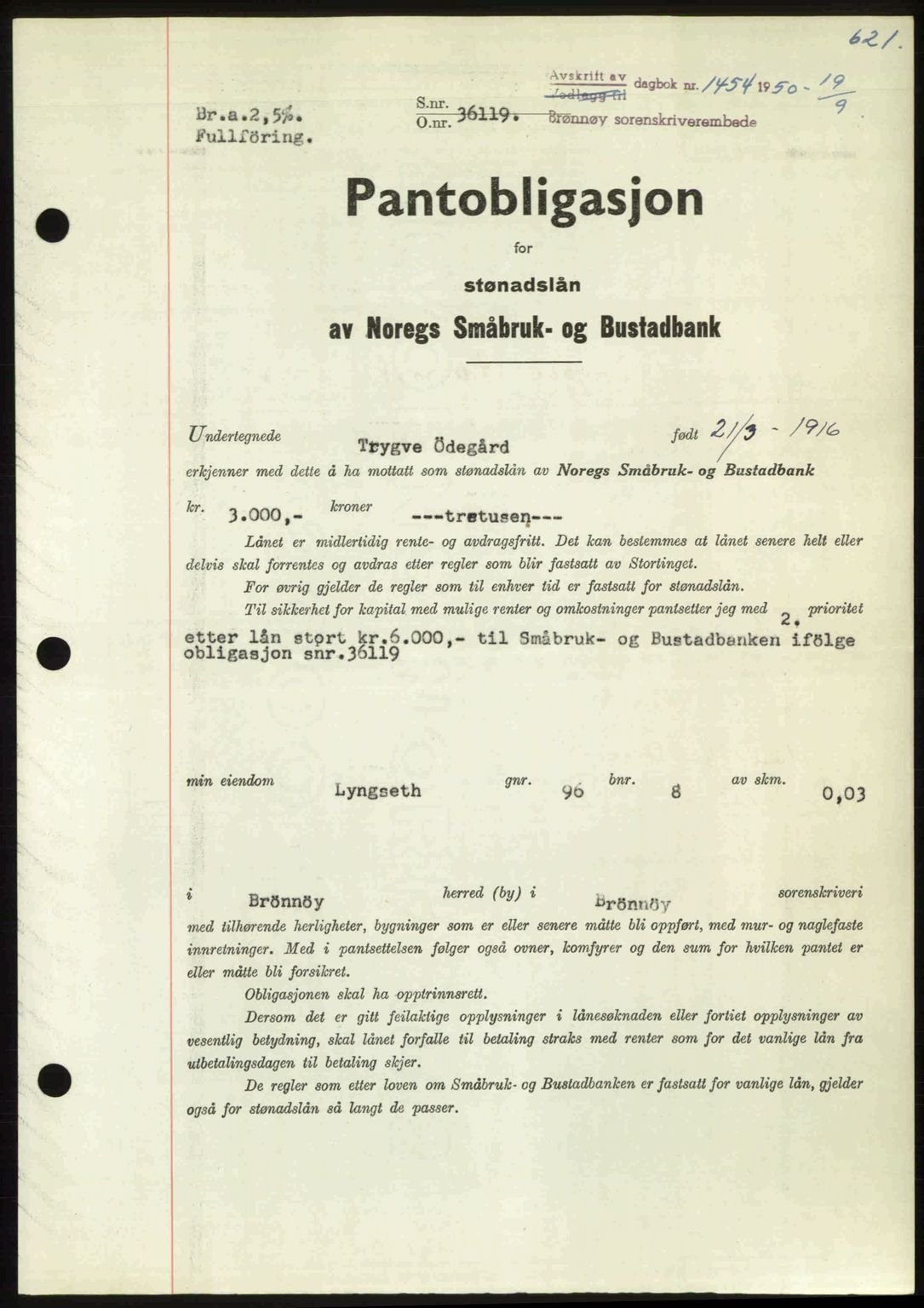 Brønnøy sorenskriveri, SAT/A-4170/1/2/2C: Pantebok nr. 36, 1950-1950, Dagboknr: 1454/1950
