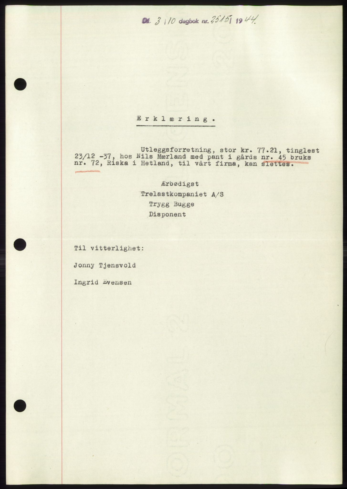 Jæren sorenskriveri, SAST/A-100310/03/G/Gba/L0087: Pantebok, 1944-1945, Dagboknr: 2515/1944