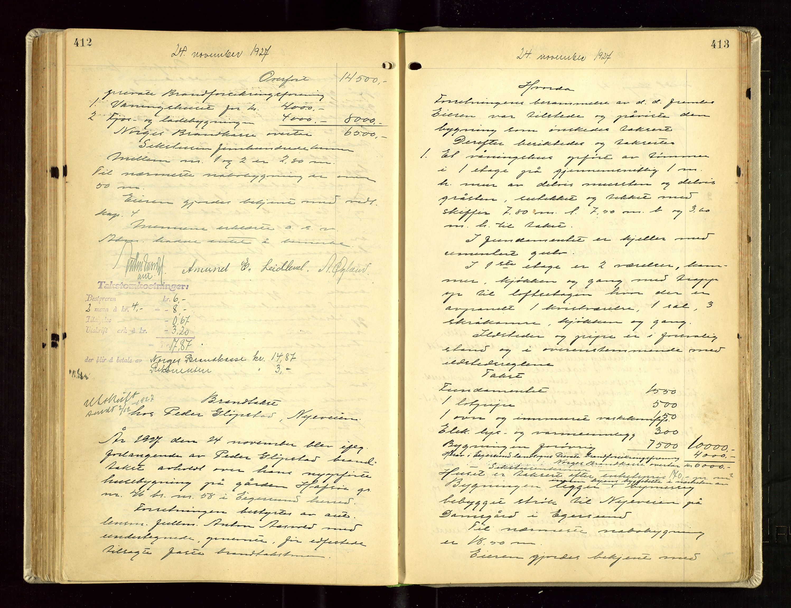 Eigersund lensmannskontor, SAST/A-100171/Goa/L0005: "Branntakstprotokoll", 1921-1936, s. 412-413