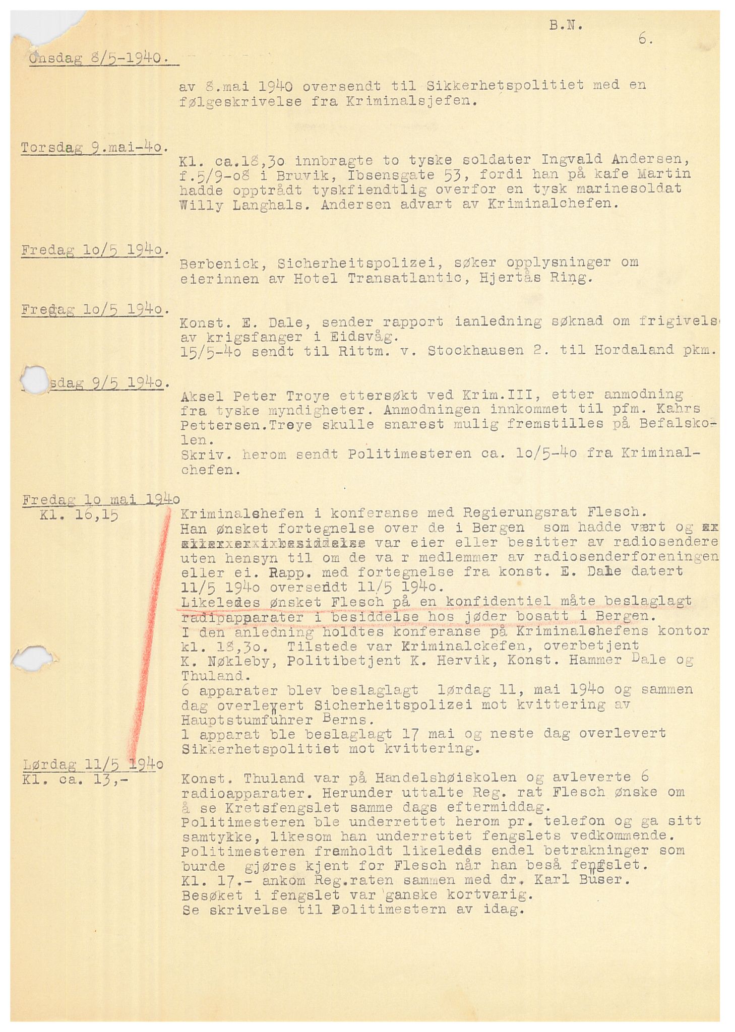 Bergen politikammer / politidistrikt, SAB/A-60401/Y/Ye/L0001: Avskrift av krigsdagbok av Dankert Thuland, 1940-1941, s. 6