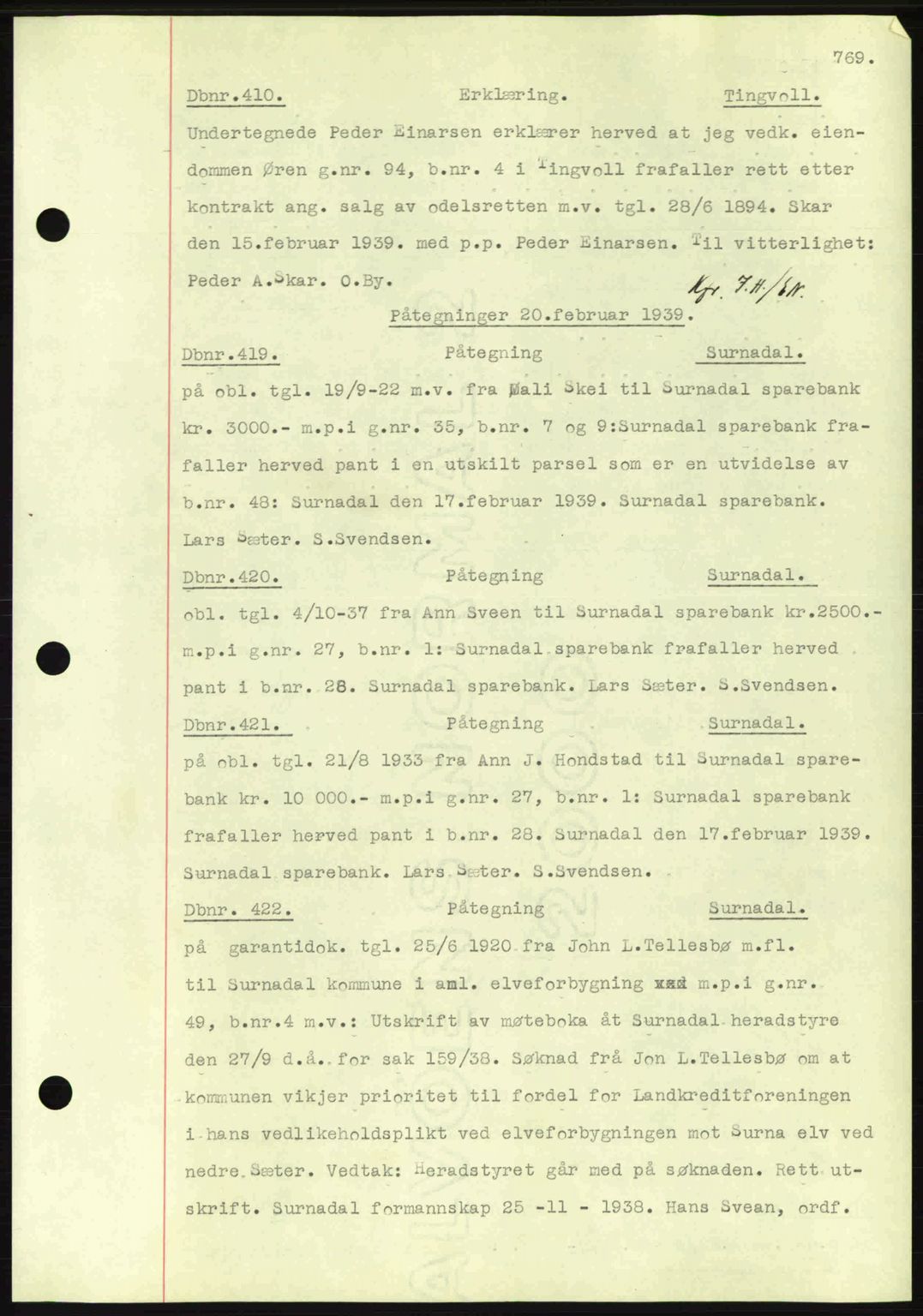 Nordmøre sorenskriveri, SAT/A-4132/1/2/2Ca: Pantebok nr. C80, 1936-1939, Dagboknr: 410/1939