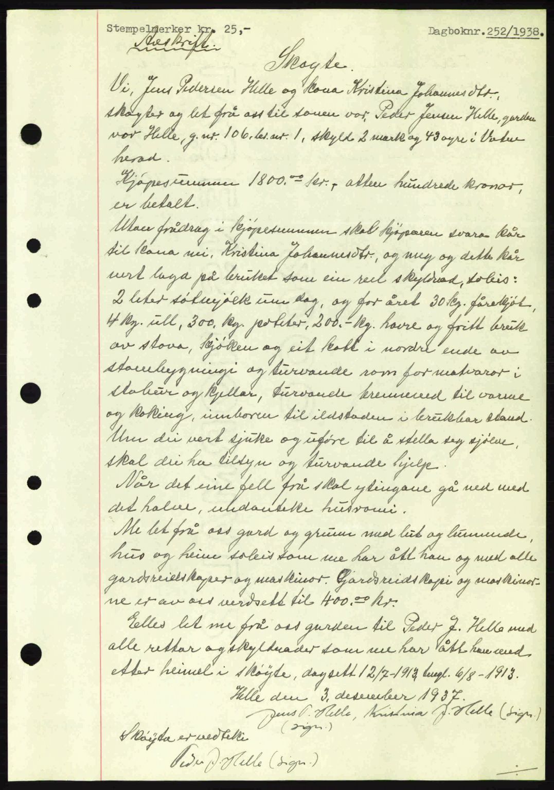 Nordre Sunnmøre sorenskriveri, AV/SAT-A-0006/1/2/2C/2Ca: Pantebok nr. A4, 1937-1938, Dagboknr: 252/1938