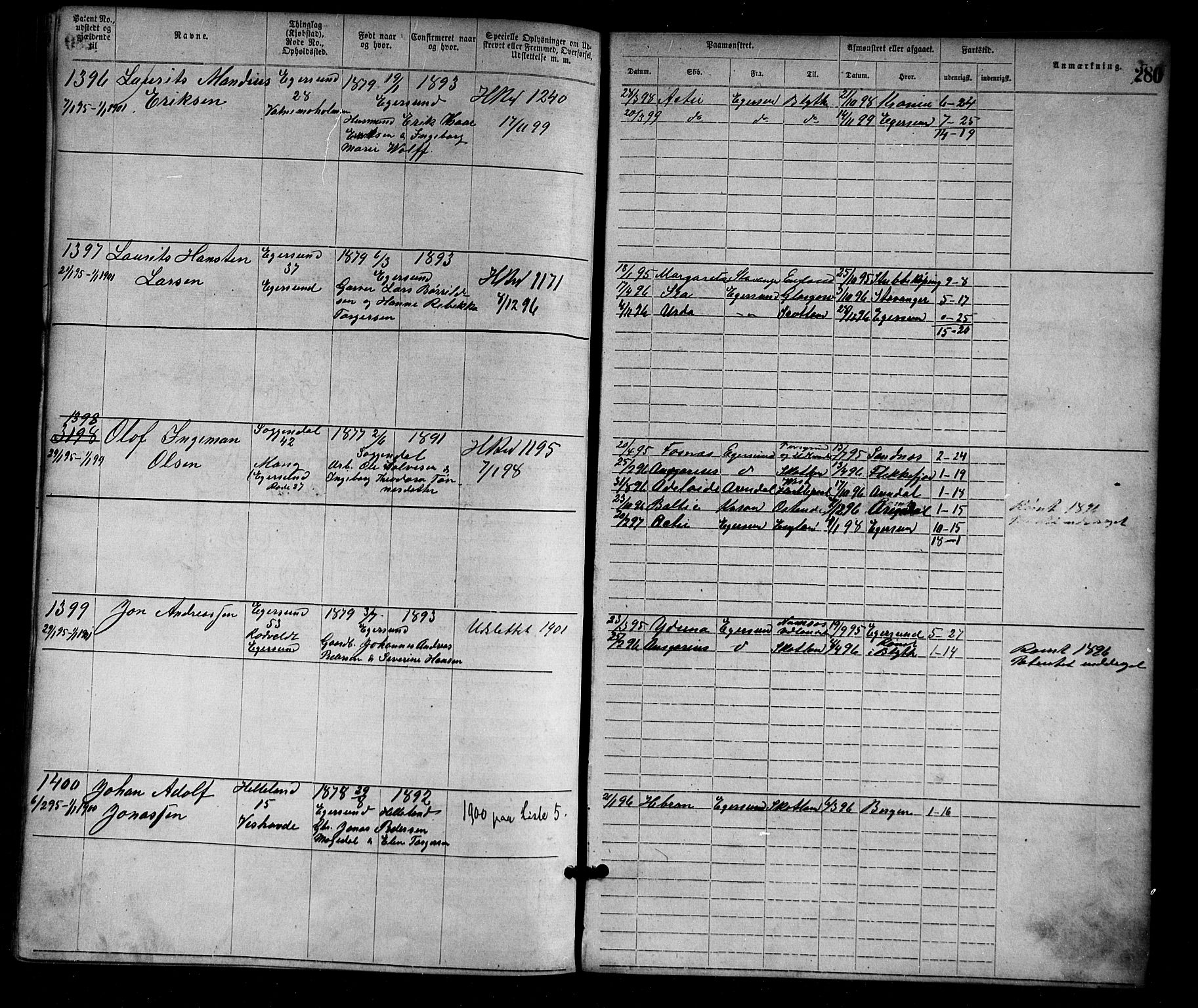 Egersund mønstringskrets, SAK/2031-0019/F/Fa/L0001: Annotasjonsrulle nr 1-1440 med register, O-1, 1869-1895, s. 305